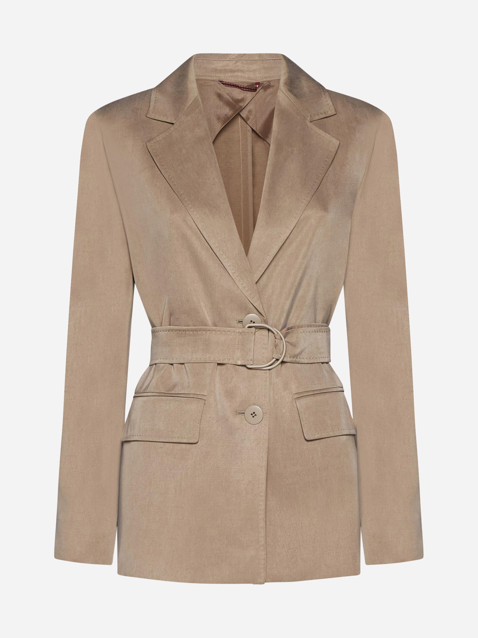 Shop Max Mara Vaimy Belted Satin Blazer In Beige