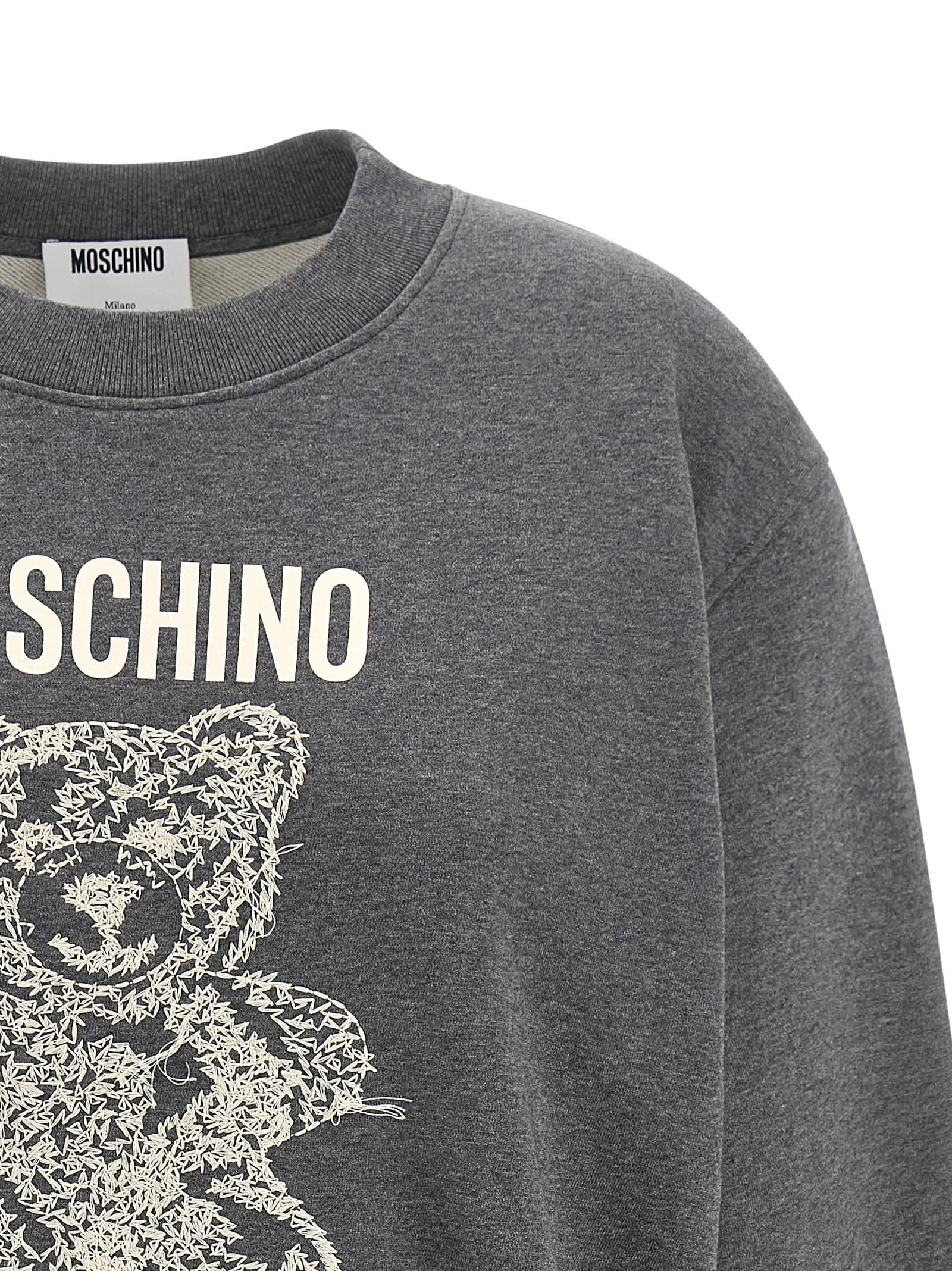 Moschino Ribbed Knitwear With Crew Neck And Graphic Print In Gray