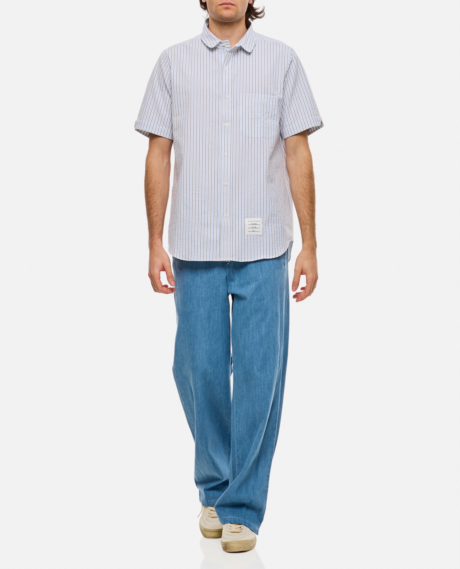 Shop Thom Browne Round Collar Cotton Shirt In Clear Blue