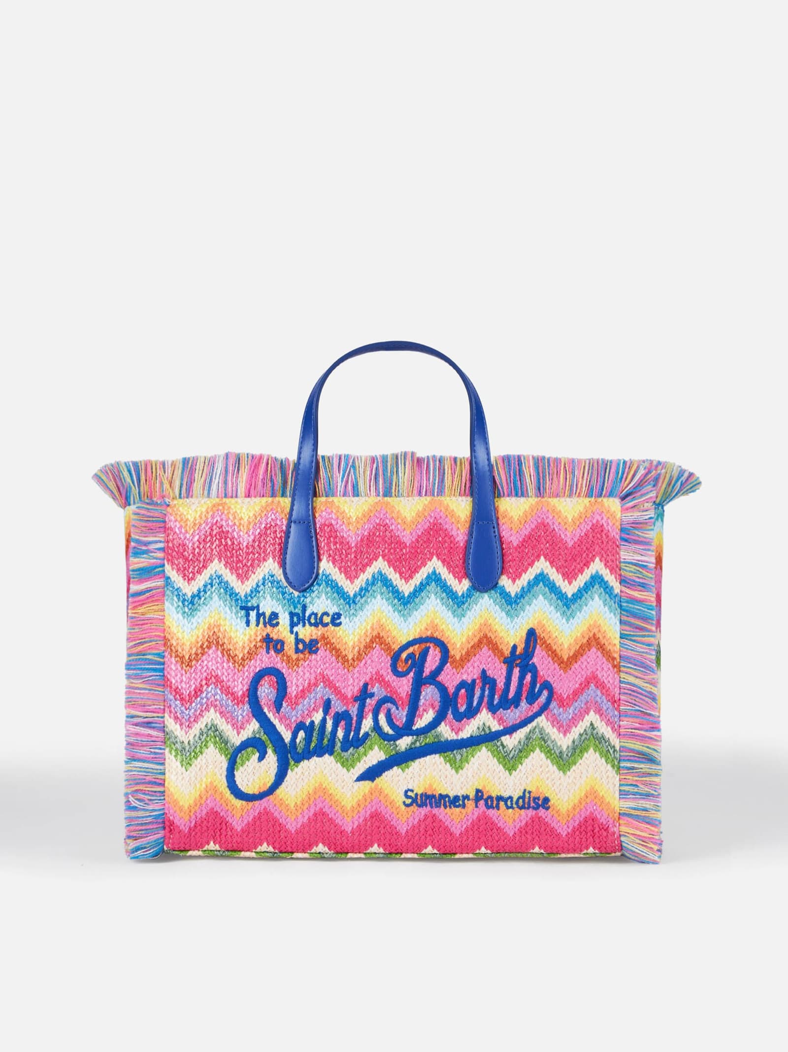 Mc2 Saint Barth Colette Multicolor Straw Handbag With Embroidery And Geometric Pattern In Pink