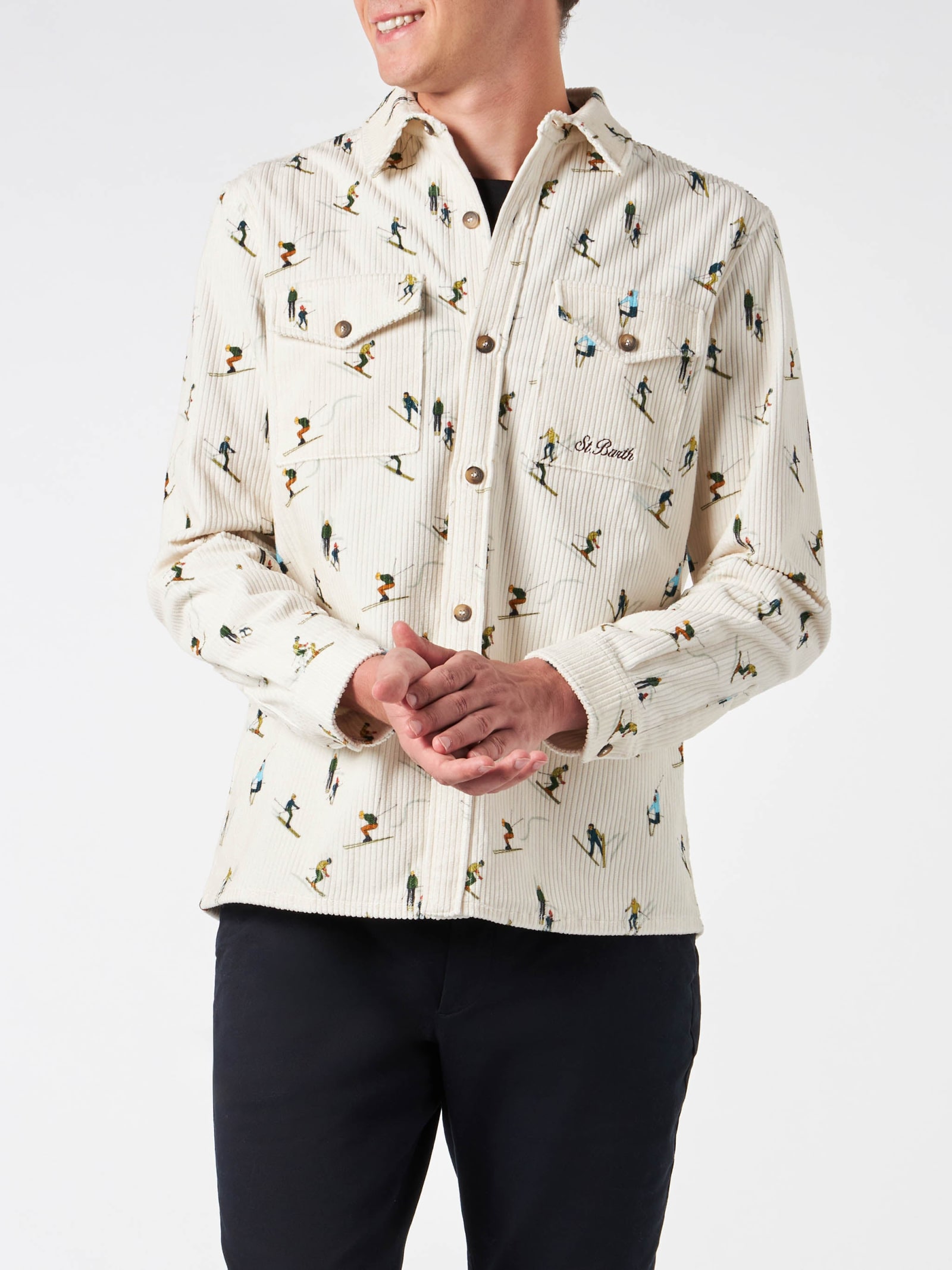 Shop Mc2 Saint Barth Man Corduroy Overshirt With Ski Print In White