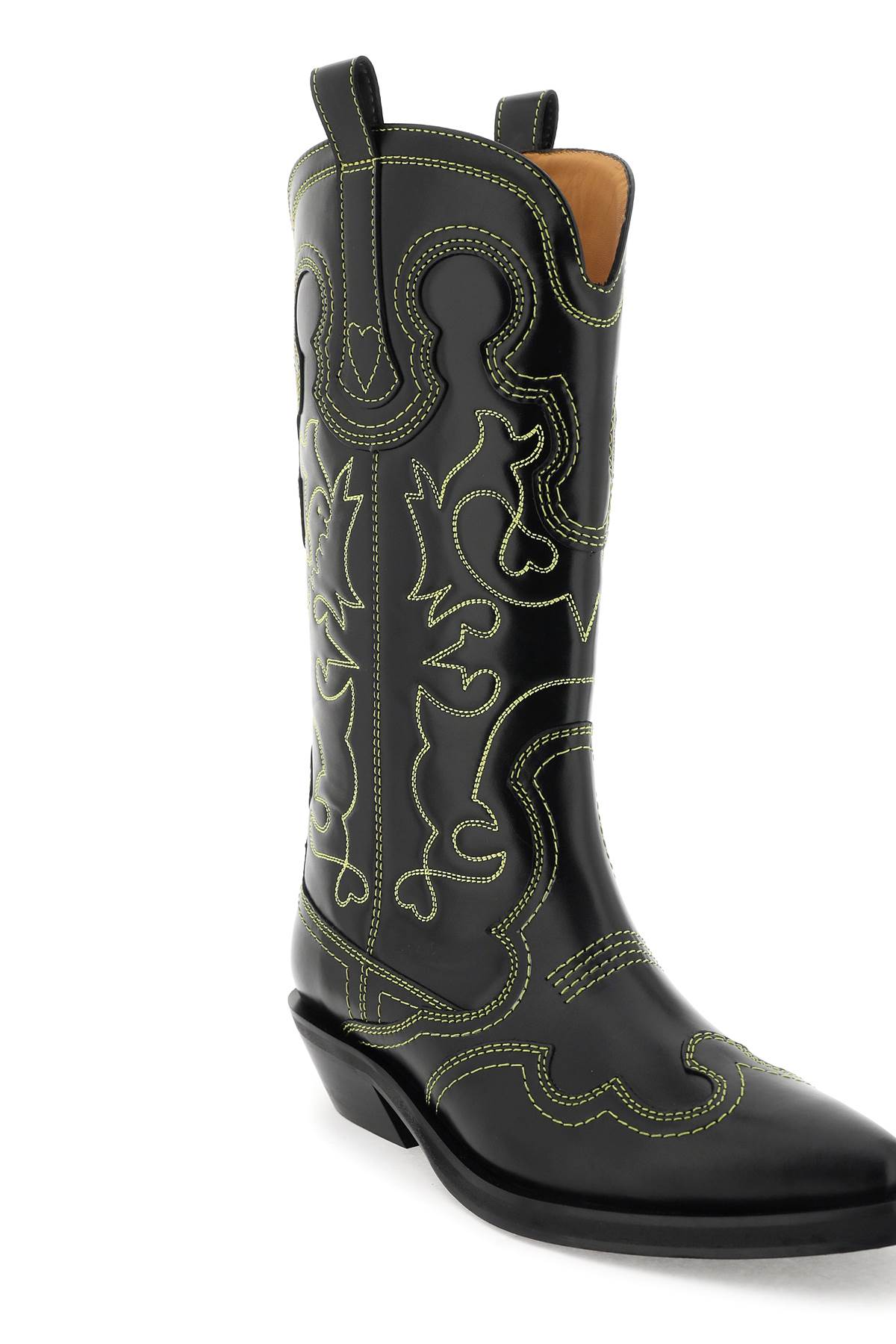 Shop Ganni Embroidered Western Boots In Black (yellow)