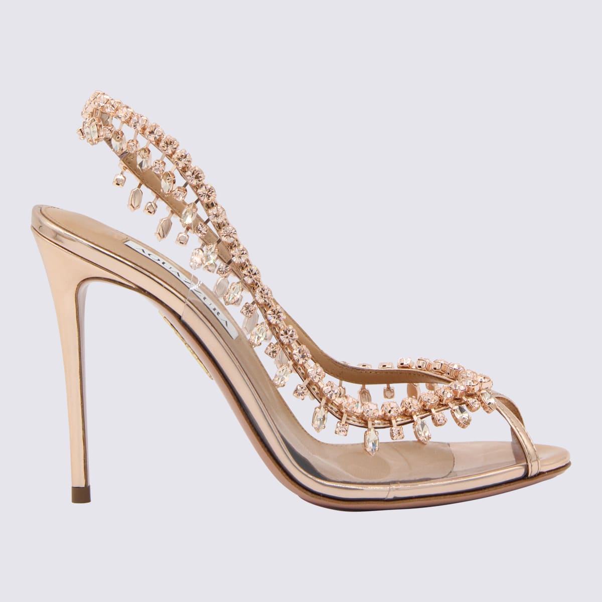 Shop Aquazzura Rose Gold-tone Leather Temptation Sandals In Pink