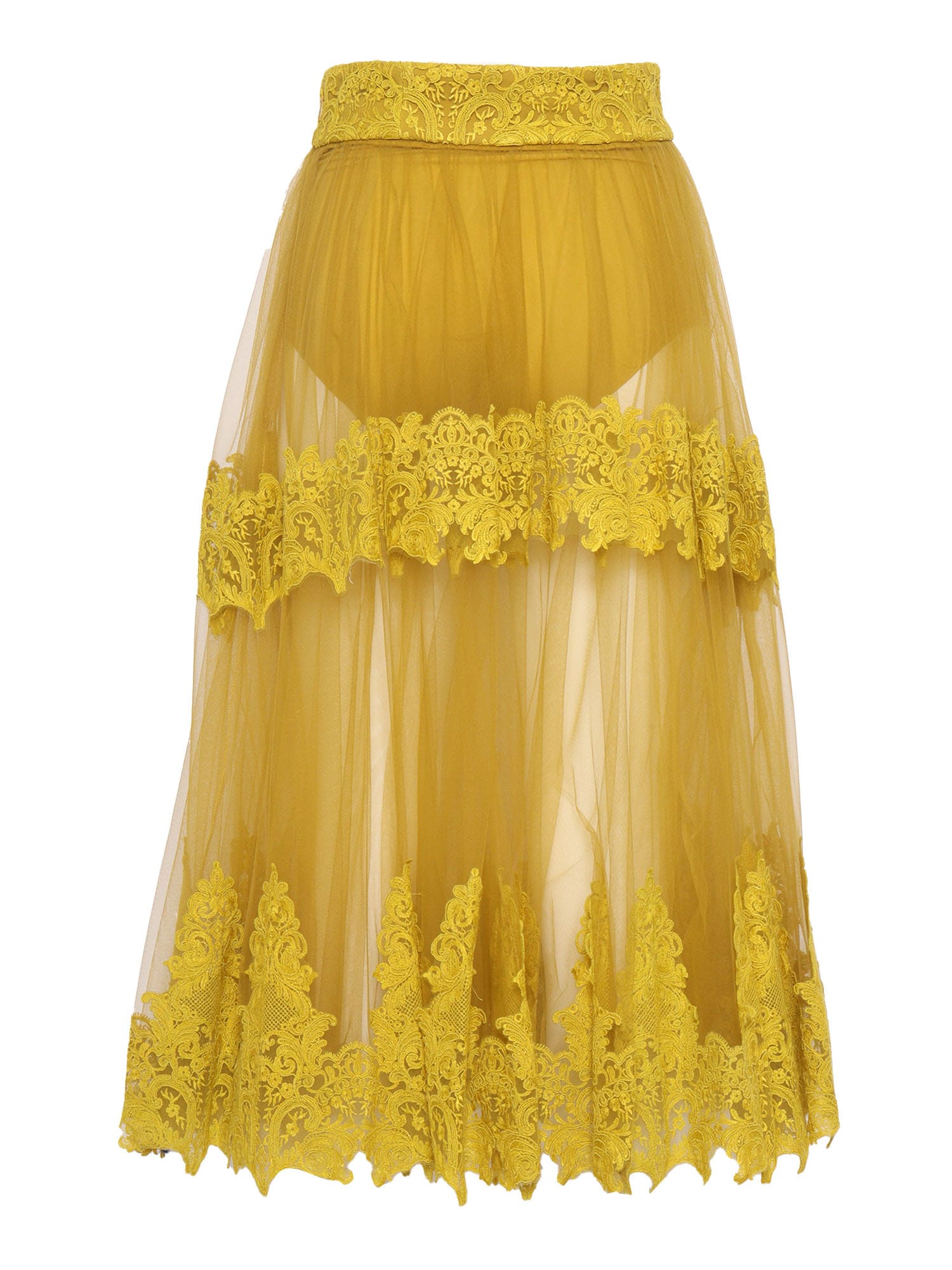 Elisabetta Franchi Ochre Yellow Midi Skirt With Lace Panels In Yellow