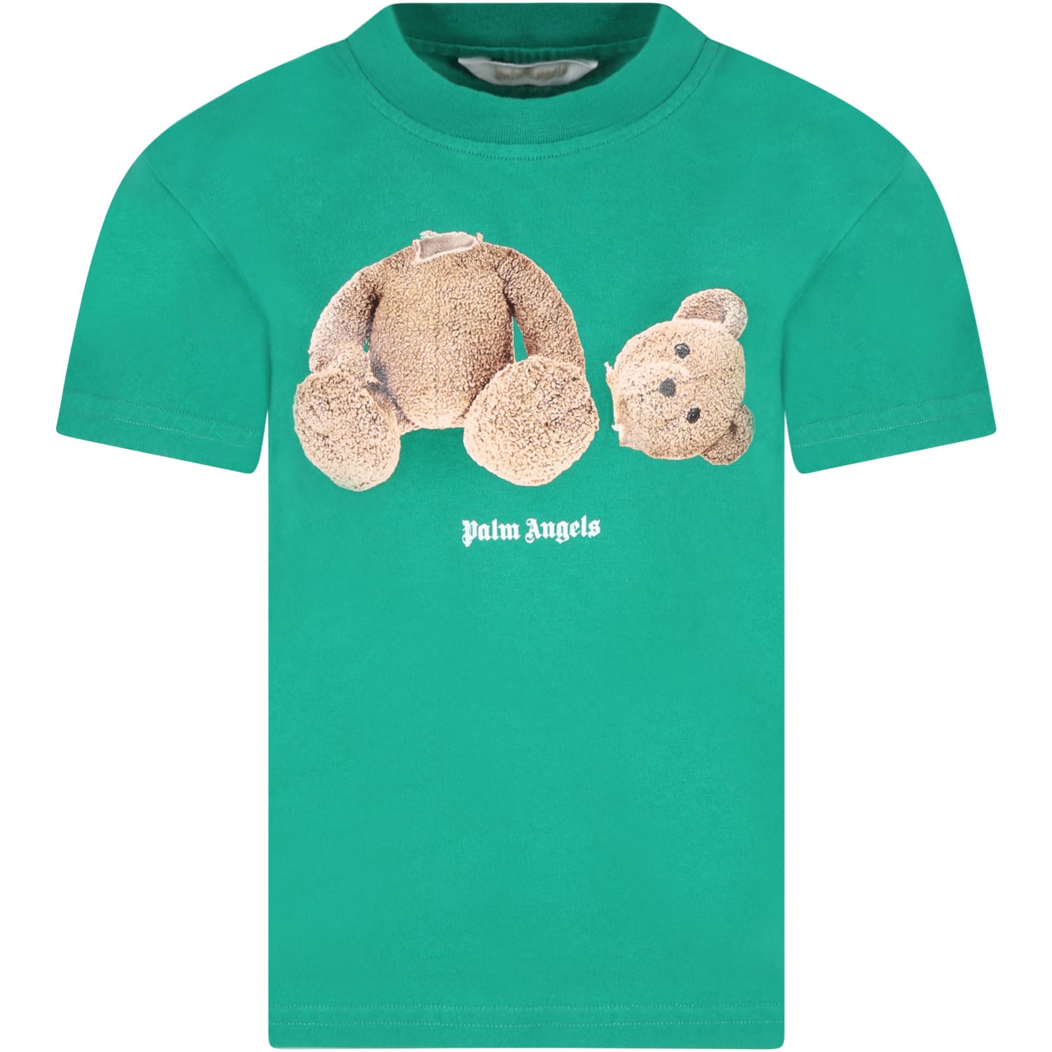 Palm Angels Green T-shirt For Kids With Bear And Logo
