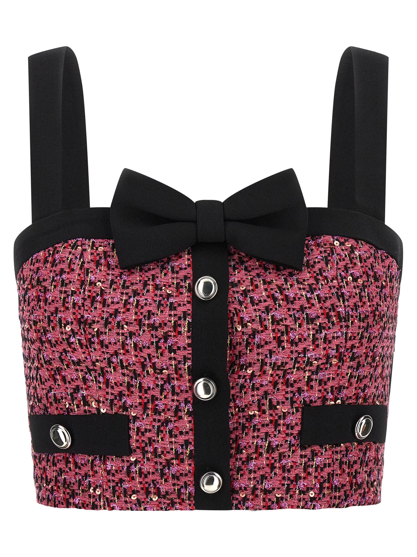 Alessandra Rich Wool Blend Tweed Top With Micro-sequin Embroidery And Bow Detail In Pink