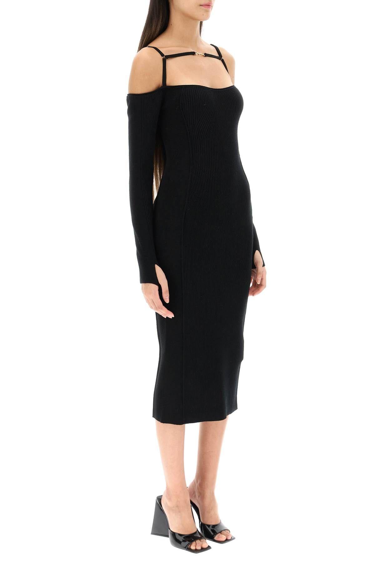 Shop Jacquemus Le Robe Sierra Long Black Ribbed Off-the-shoulder Dress In Viscose Blend Woman