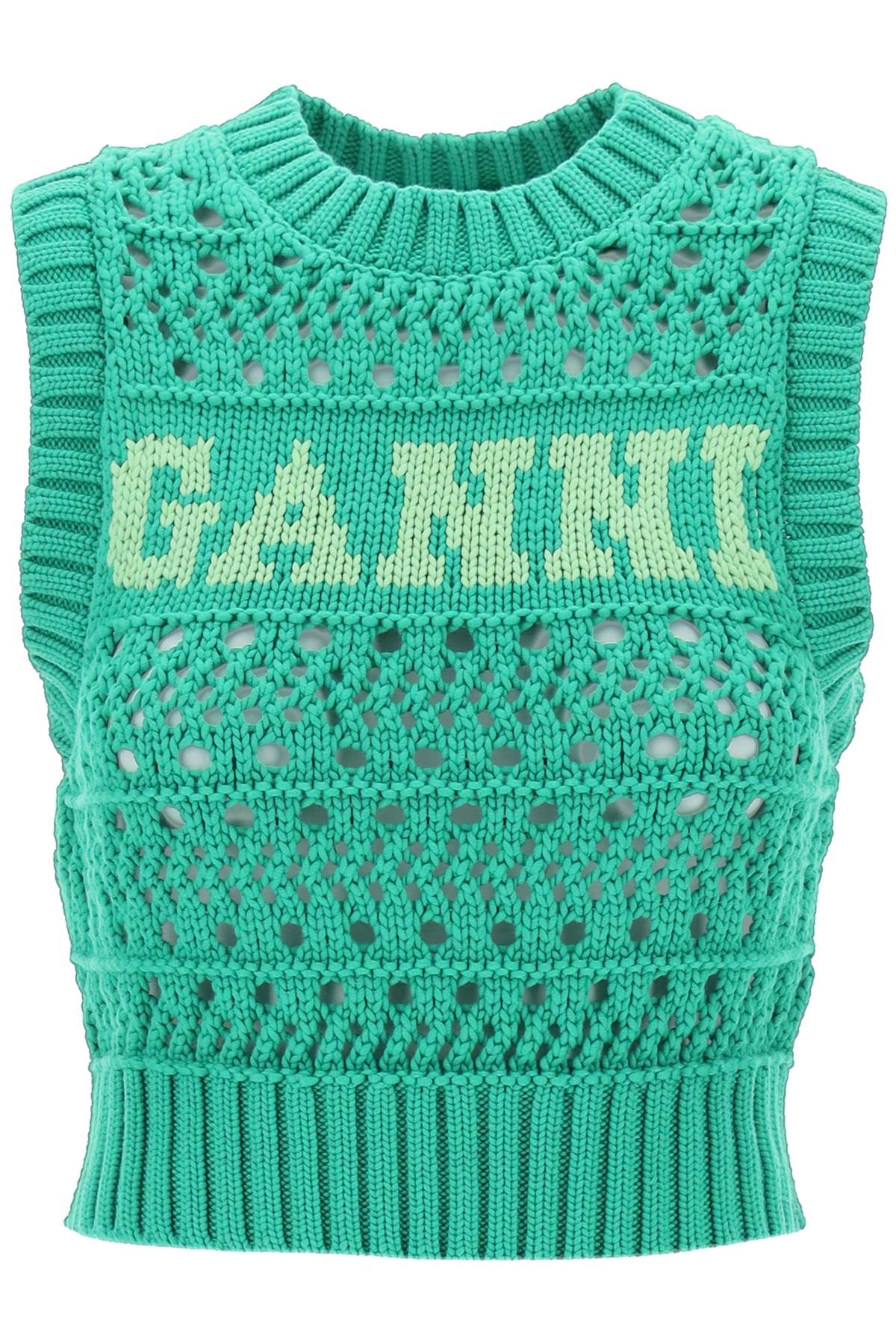 Shop Ganni Open-stitch Knitted Vest With Logo In Juniper