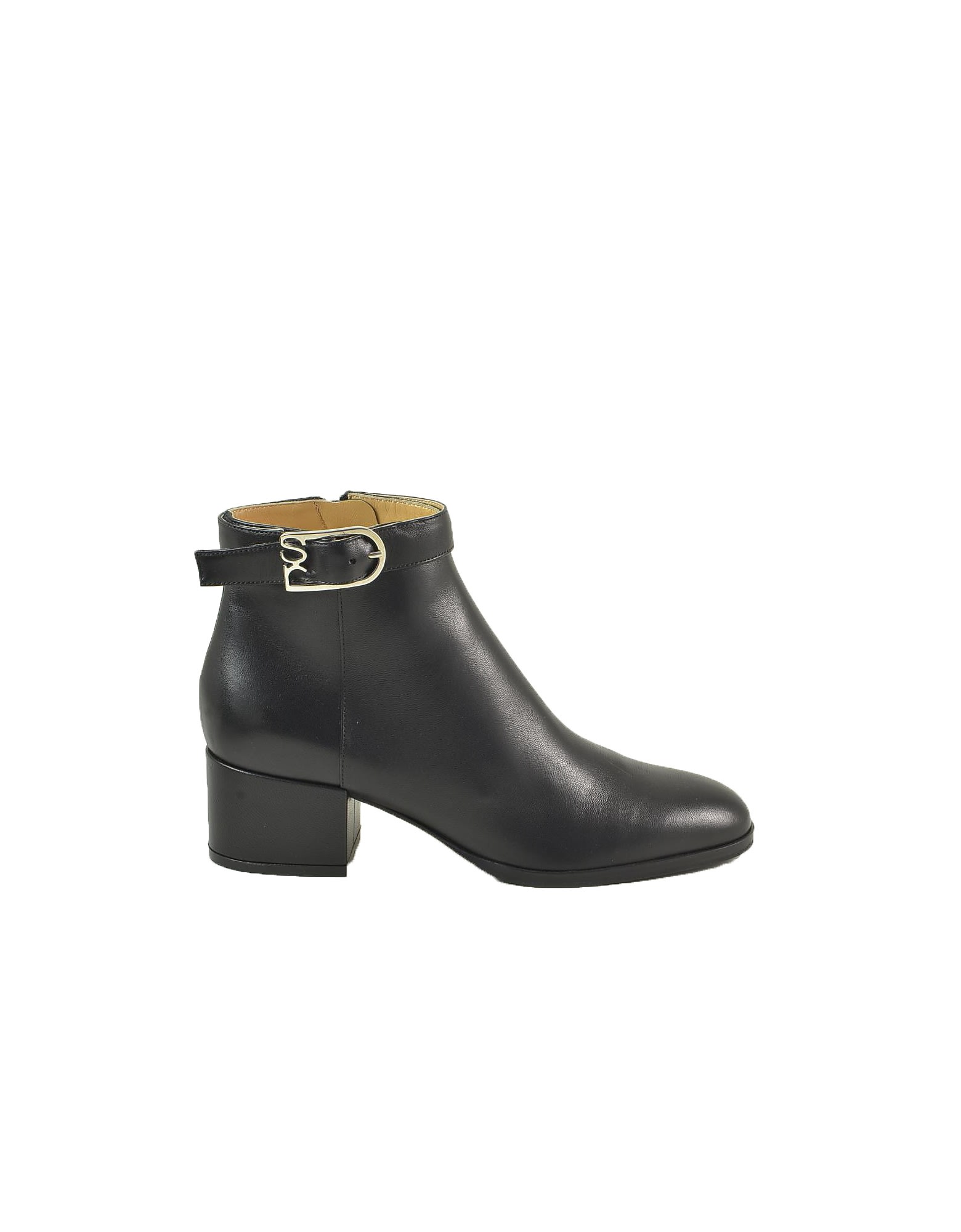 Sergio Rossi Black Smooth Leather Booties W/signature Buckle