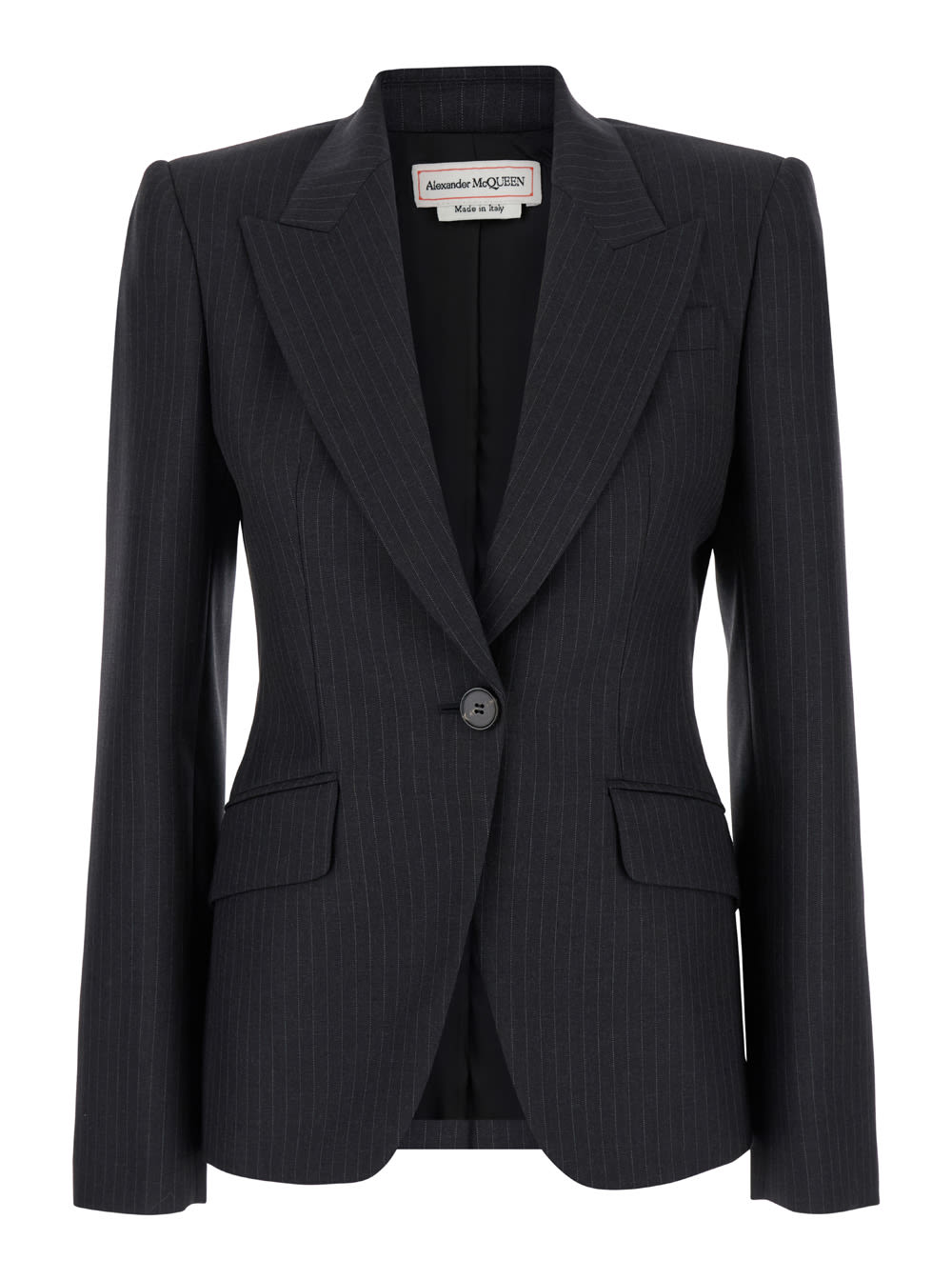 Shop Alexander Mcqueen Black Fitted Jacket With Pinstripe Motif In Wool Woman In Grey