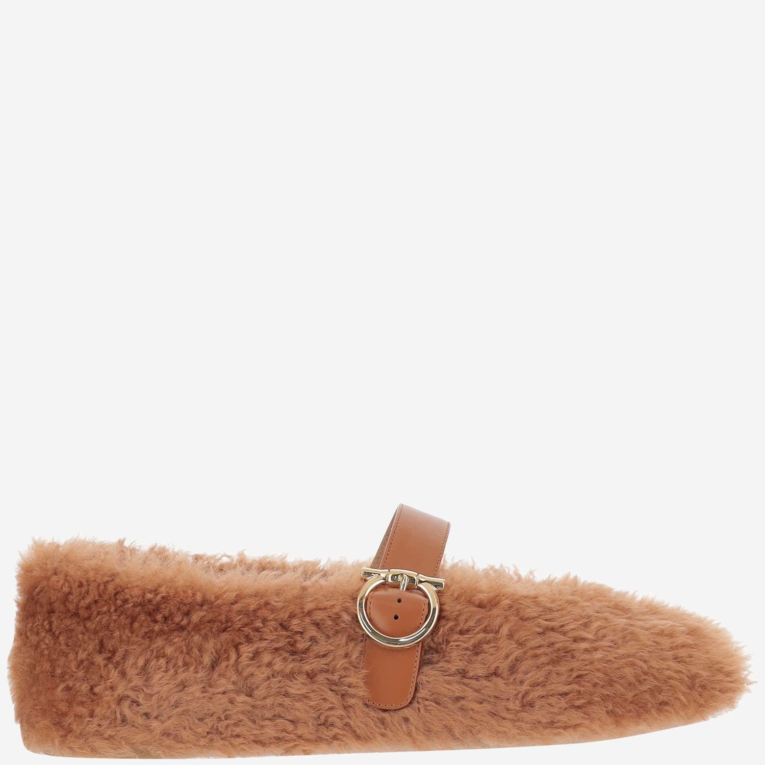 Ferragamo Gancini Ornamental Ballet Flats In Shearling In Nude