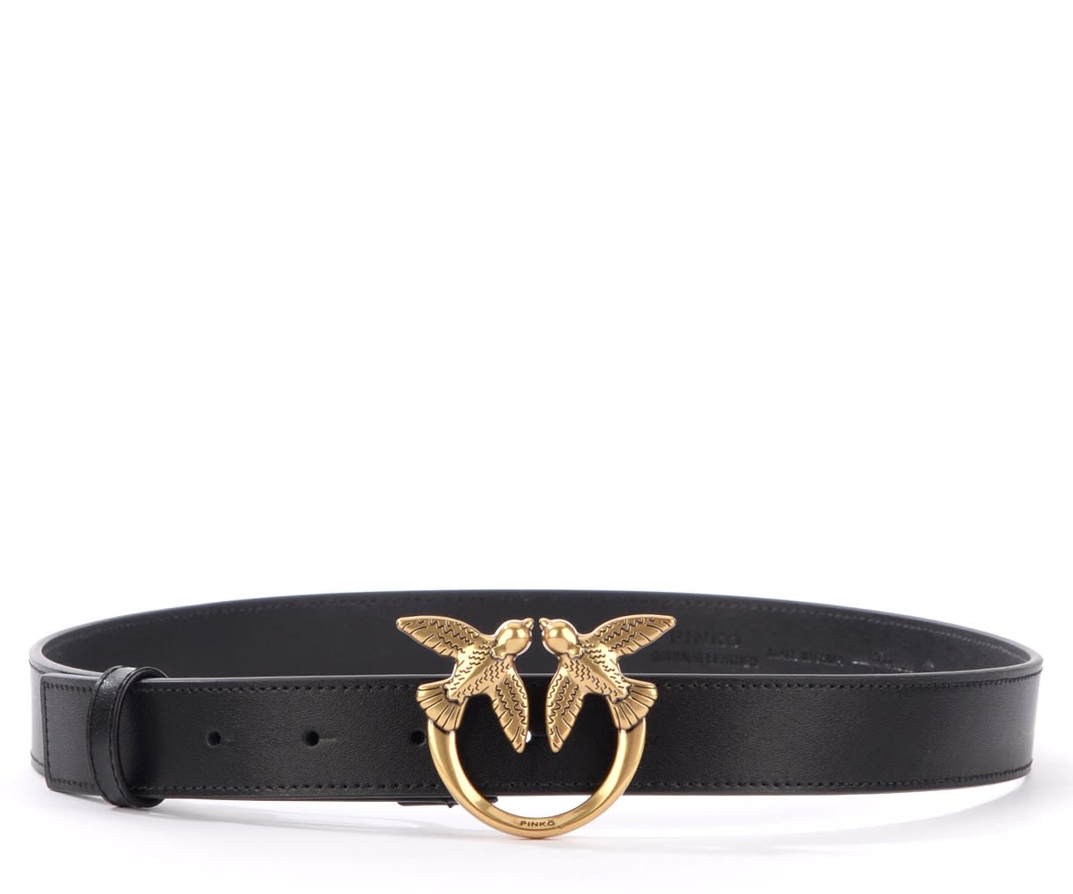 Pinko Berry Black Leather Belt With Gold Buckle
