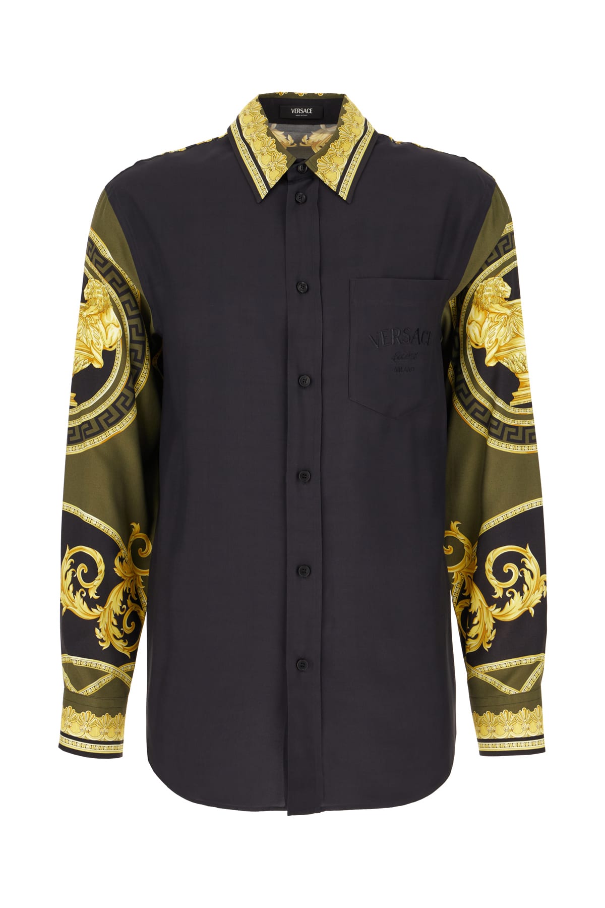 Versace Printed Viscose Shirt In Black Dark Olive Gold