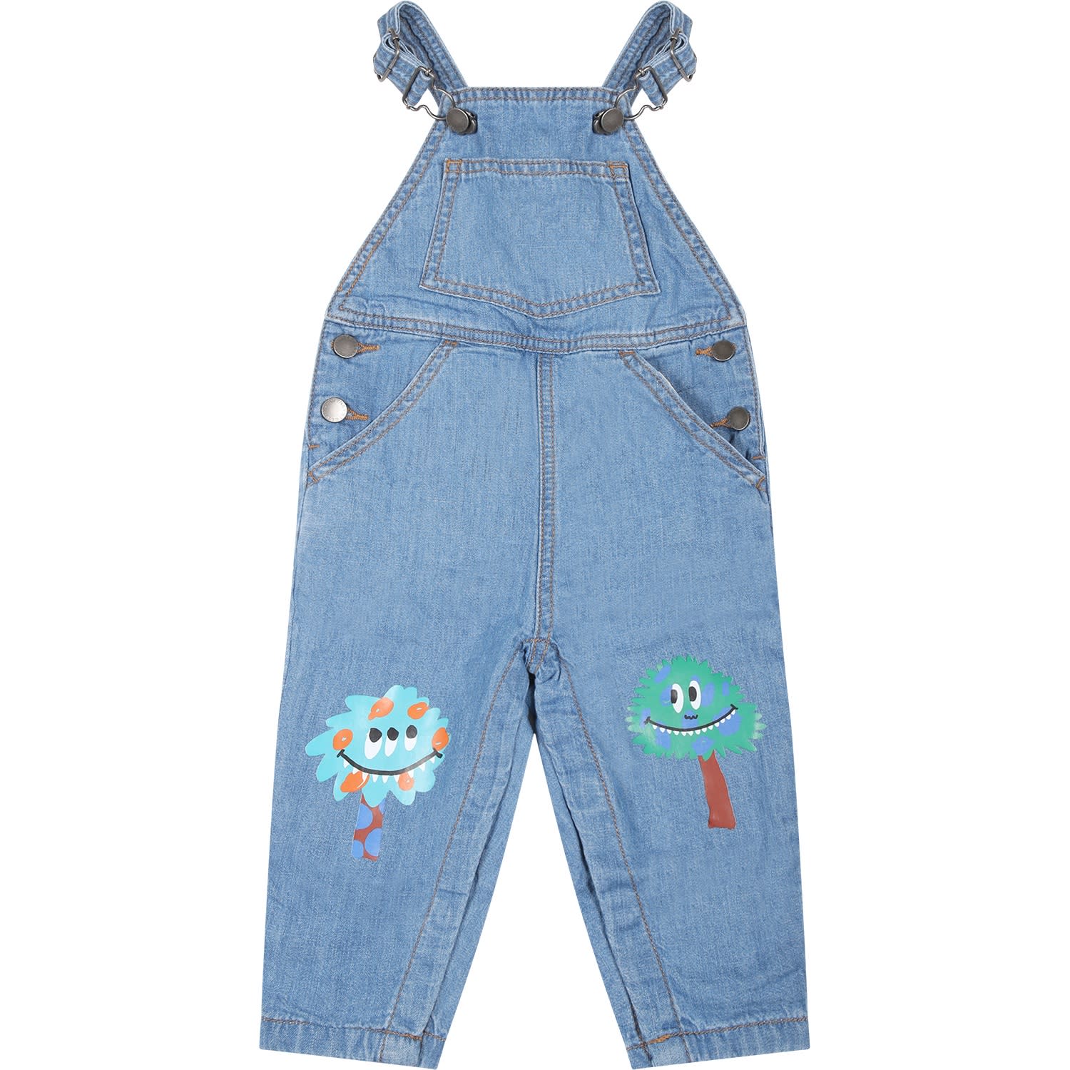 Shop Stella Mccartney Blue Dungarees For Baby Boy With Trees Print In Denim