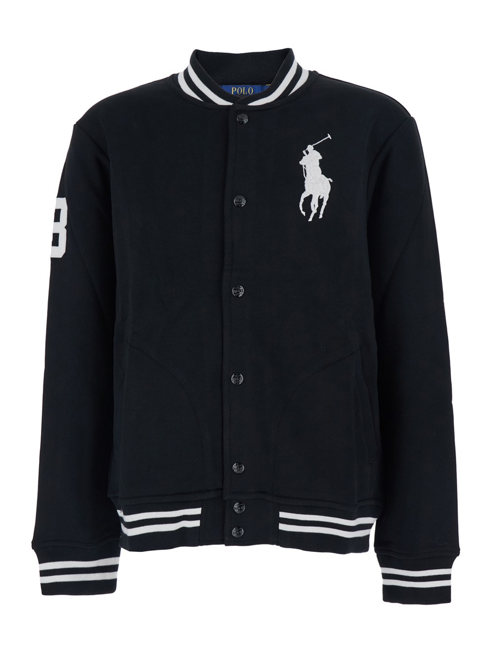 Polo Ralph Lauren Black Jacket With Maxi Pony On The Front And Numerical Detail On The Sleeve In Cotton Blend Man In Blue