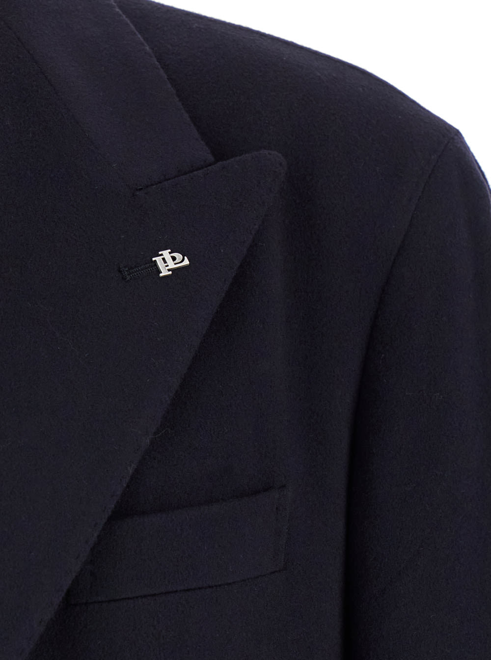 Shop Tagliatore Londra Blue Double-breasted Coat With Logo Detail On Revers In Wool Blend Man