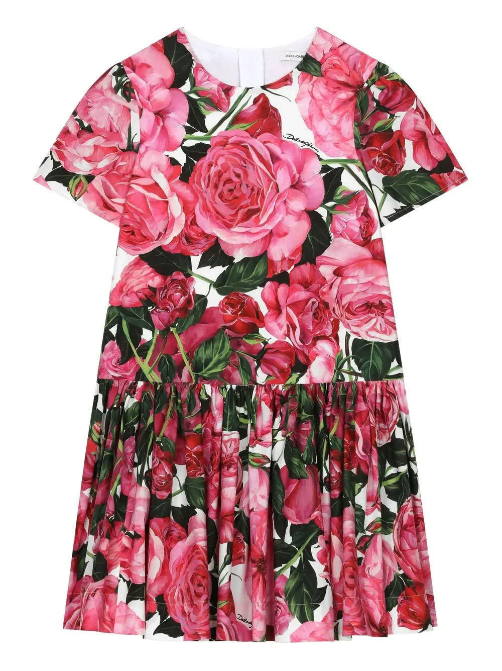 DOLCE & GABBANA DRESS WITH ROSE PRINT ON WHITE BACKGROUND