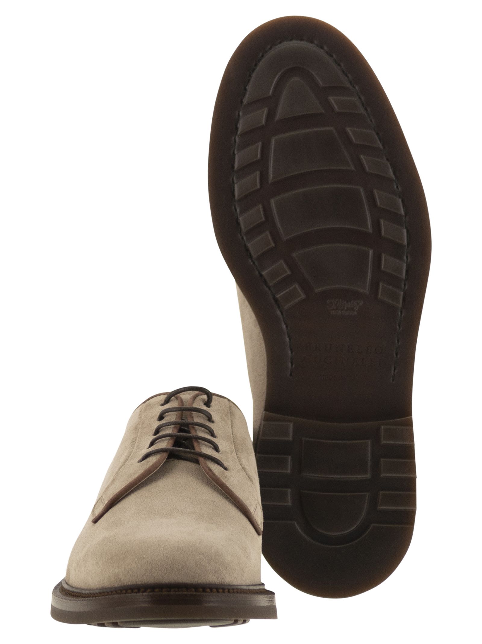 Shop Brunello Cucinelli Suede Derby In Sand