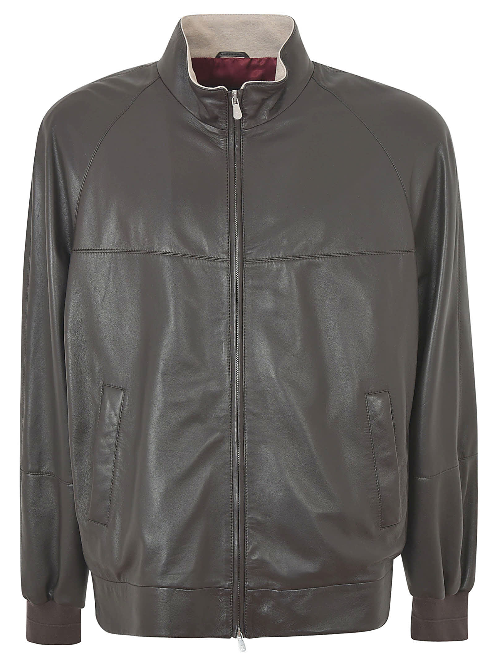 Brunello Cucinelli High-neck Leather Jacket  In Brown