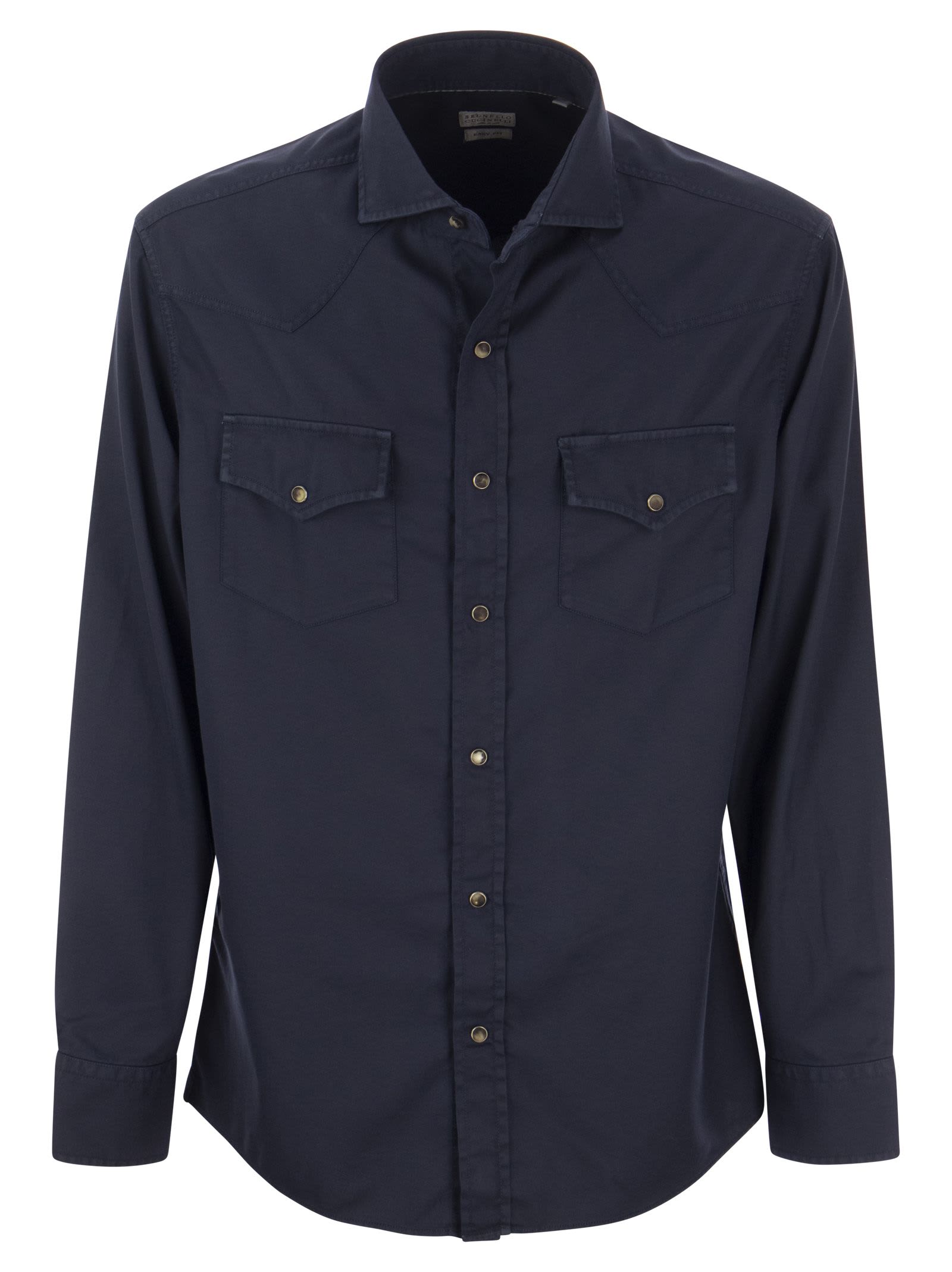 BRUNELLO CUCINELLI GARMENT-DYED EASY-FIT TWILL SHIRT WITH PRESS STUDS, EPAULETTES AND POCKETS