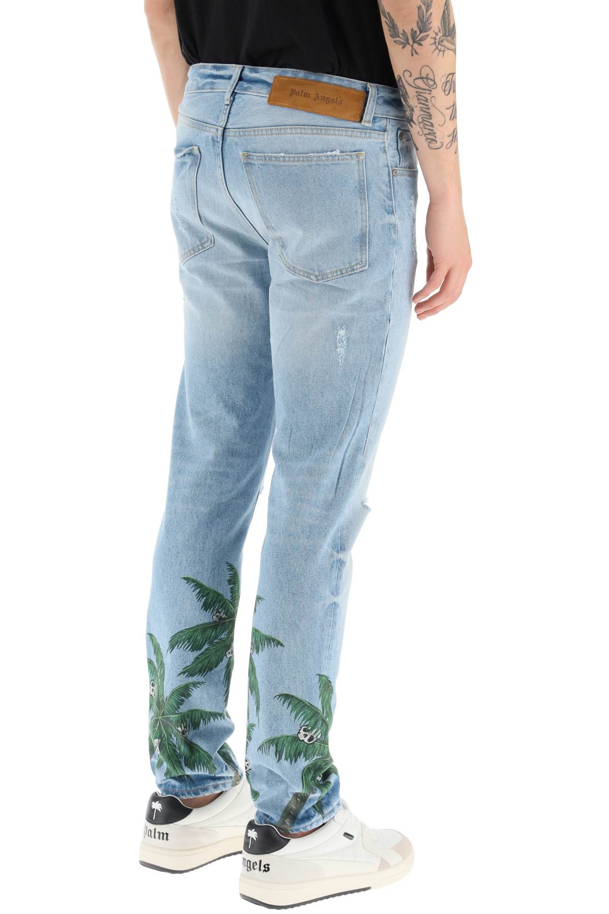 Shop Palm Angels Palm Tree Print Regular Fit Jeans In Distressed Denim In Light Blue