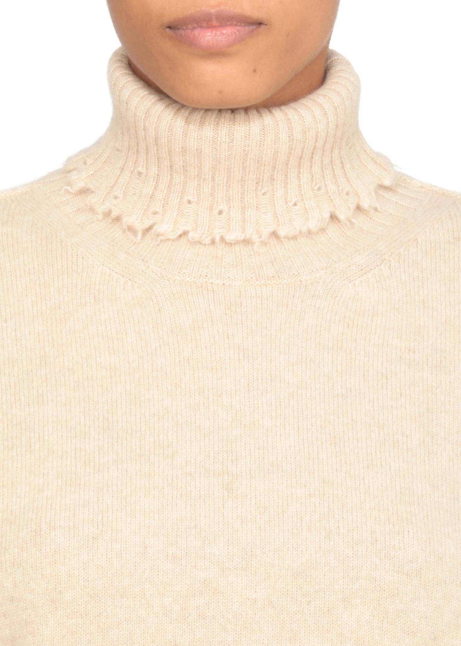 Uma Wang Beige High Neck Cashmere Sweater With Distressed Hem In Neutral