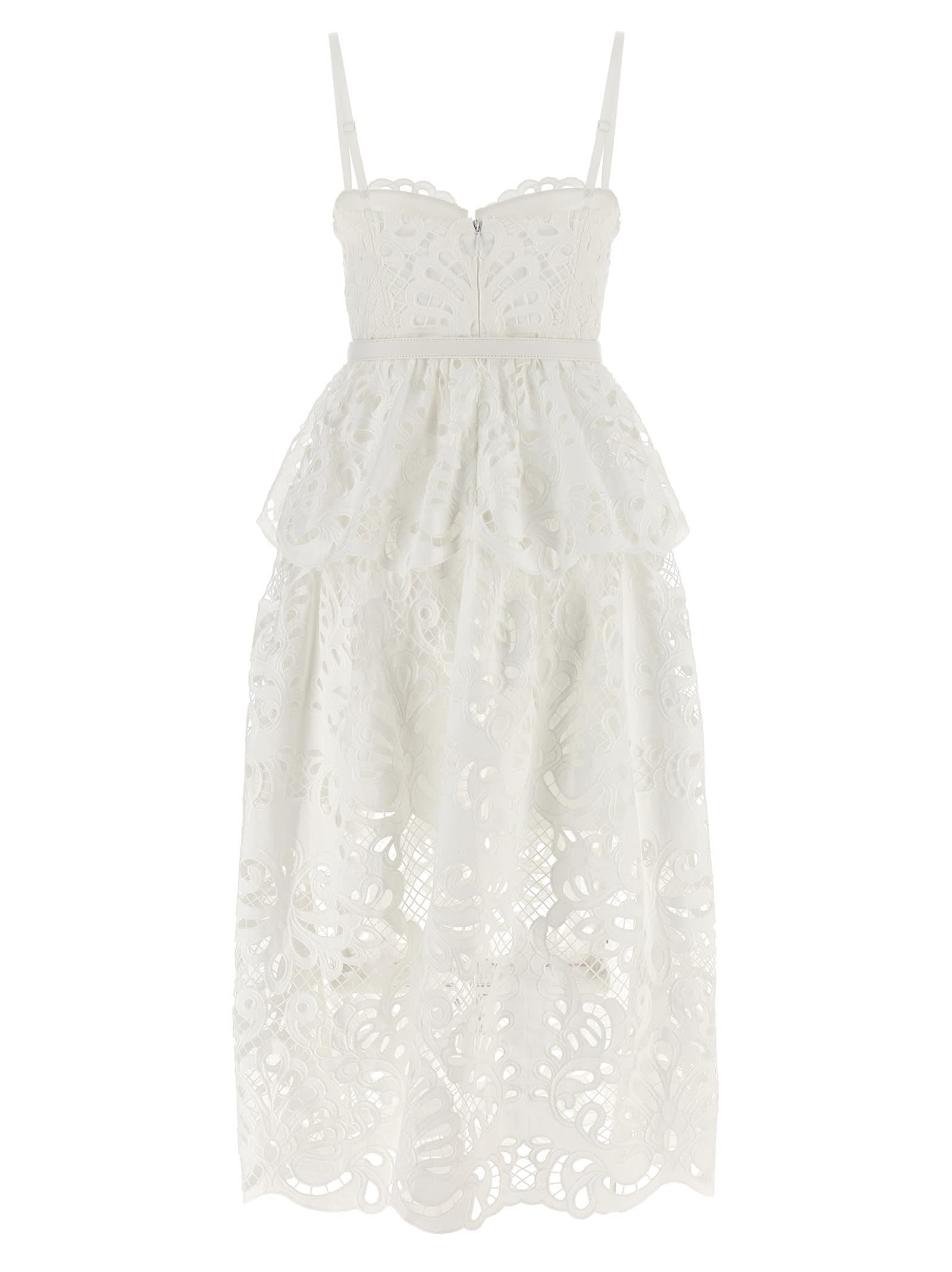 Shop Self-portrait White Cotton Lace Tiered Midi Dress