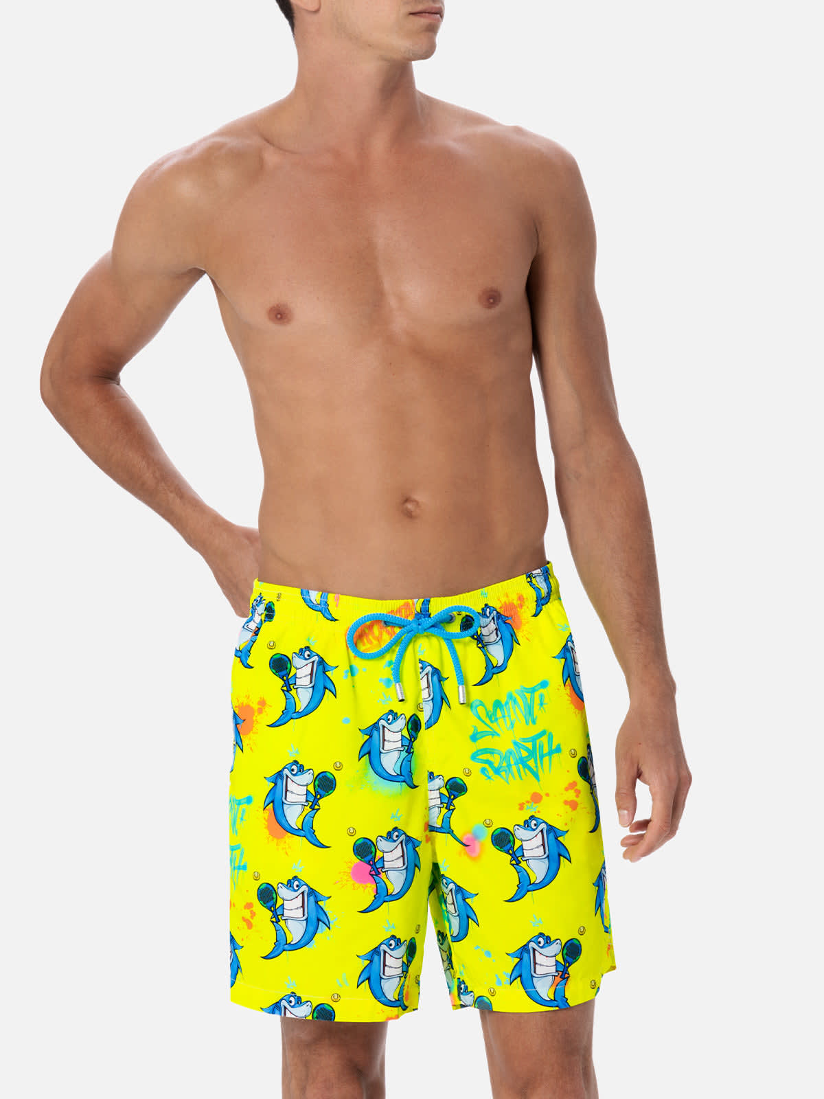 Mc2 Saint Barth Man Lightweight Fabric Swim-shorts Lighting With Cryptopuppets Print Cryptopuppets Special Edition In Fluo