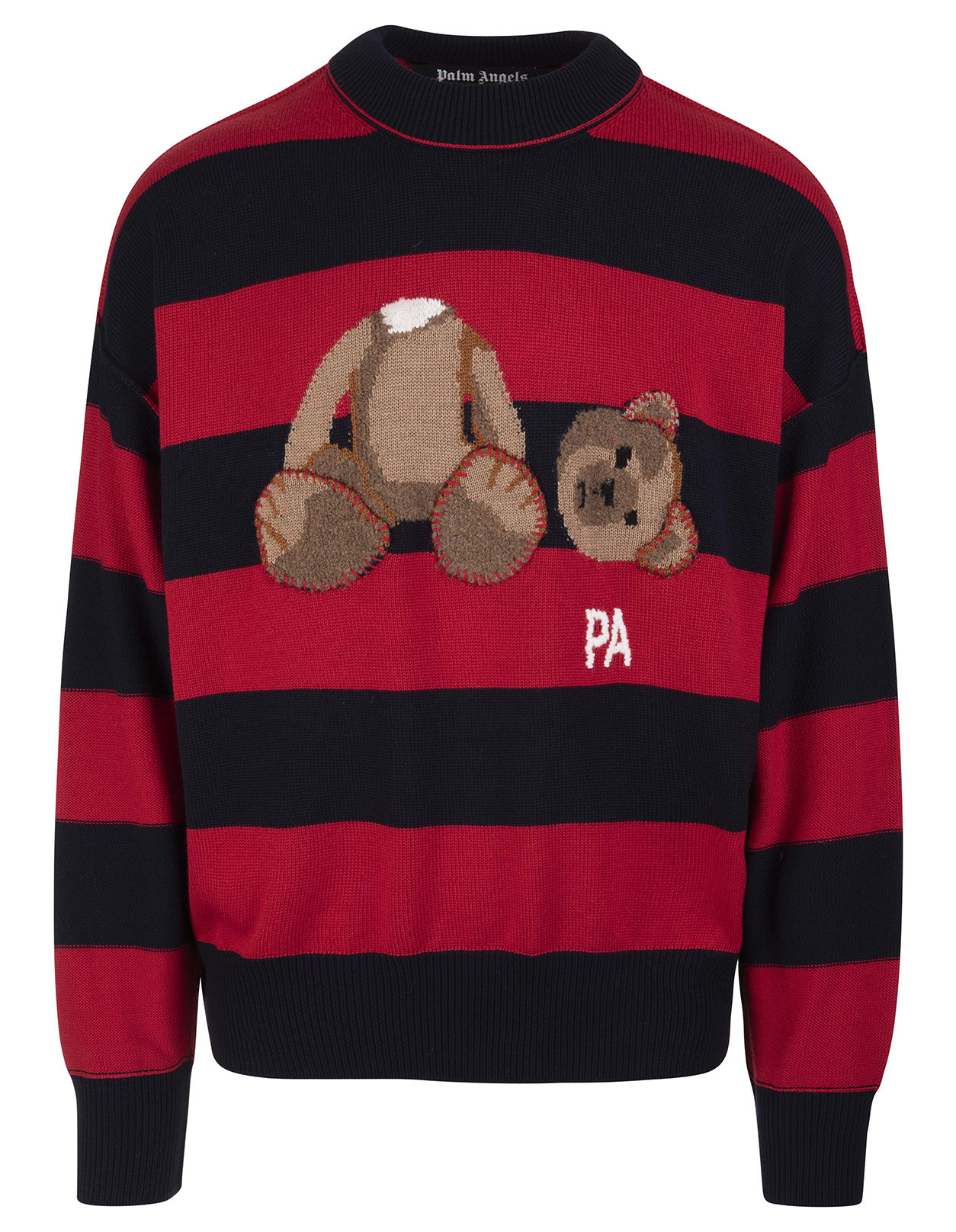 Palm Angels Man Red And Black Striped Broken Bear Sweater