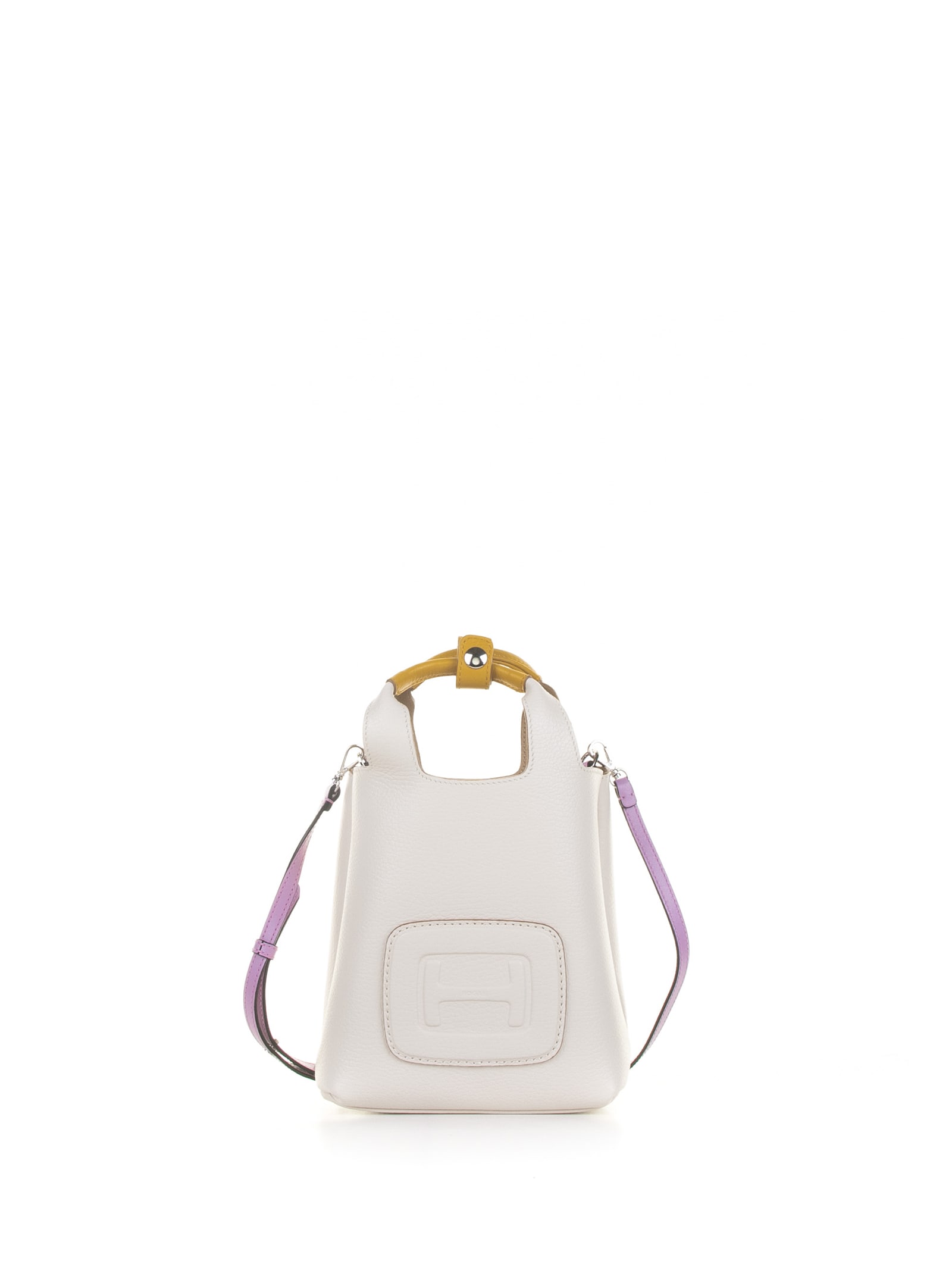 Hogan Mini White Leather Shopping Bag With Shoulder Strap In Bianco Marmo