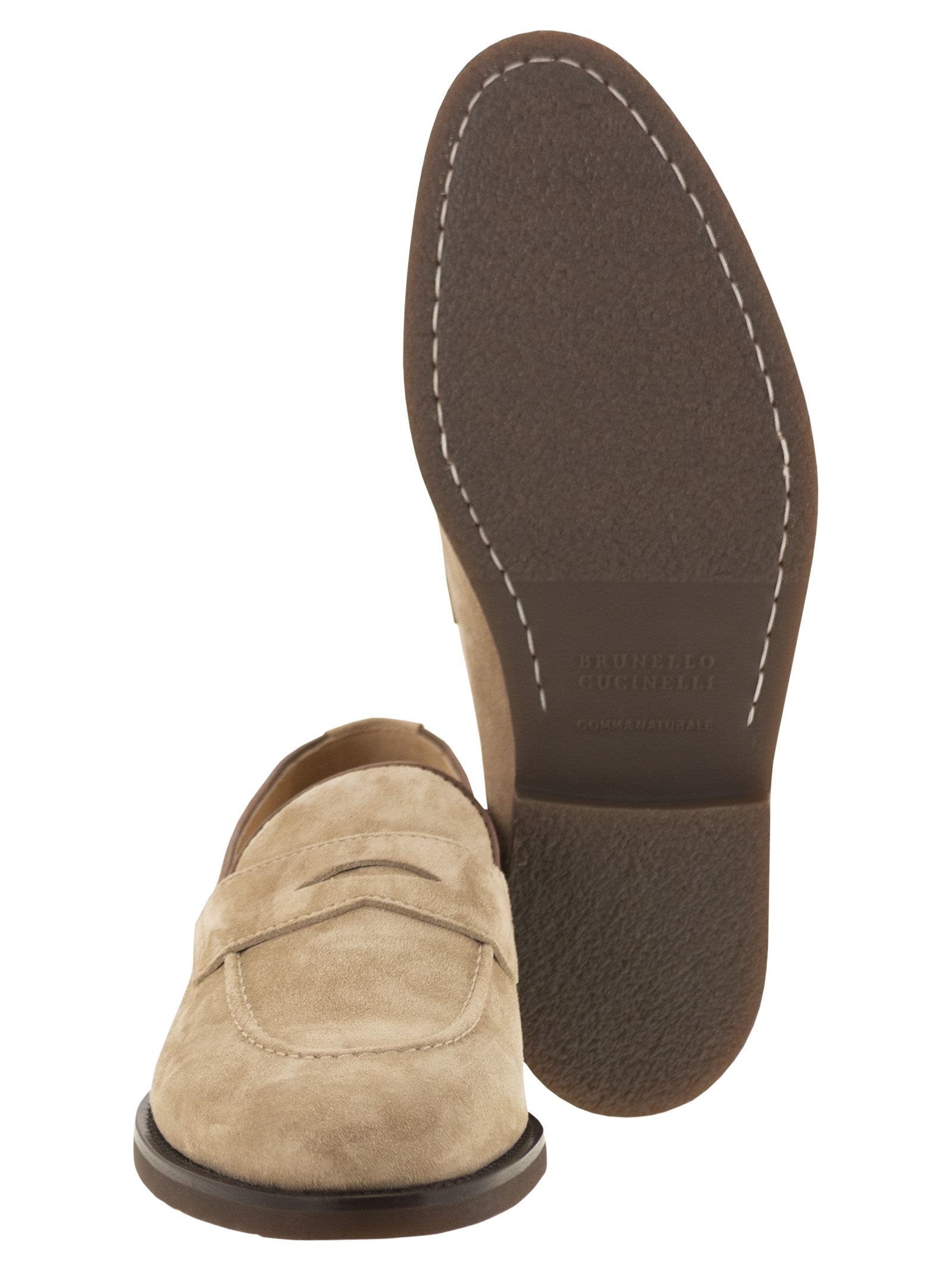 Shop Brunello Cucinelli Penny Loafer In Washed Suede In Hazelnut