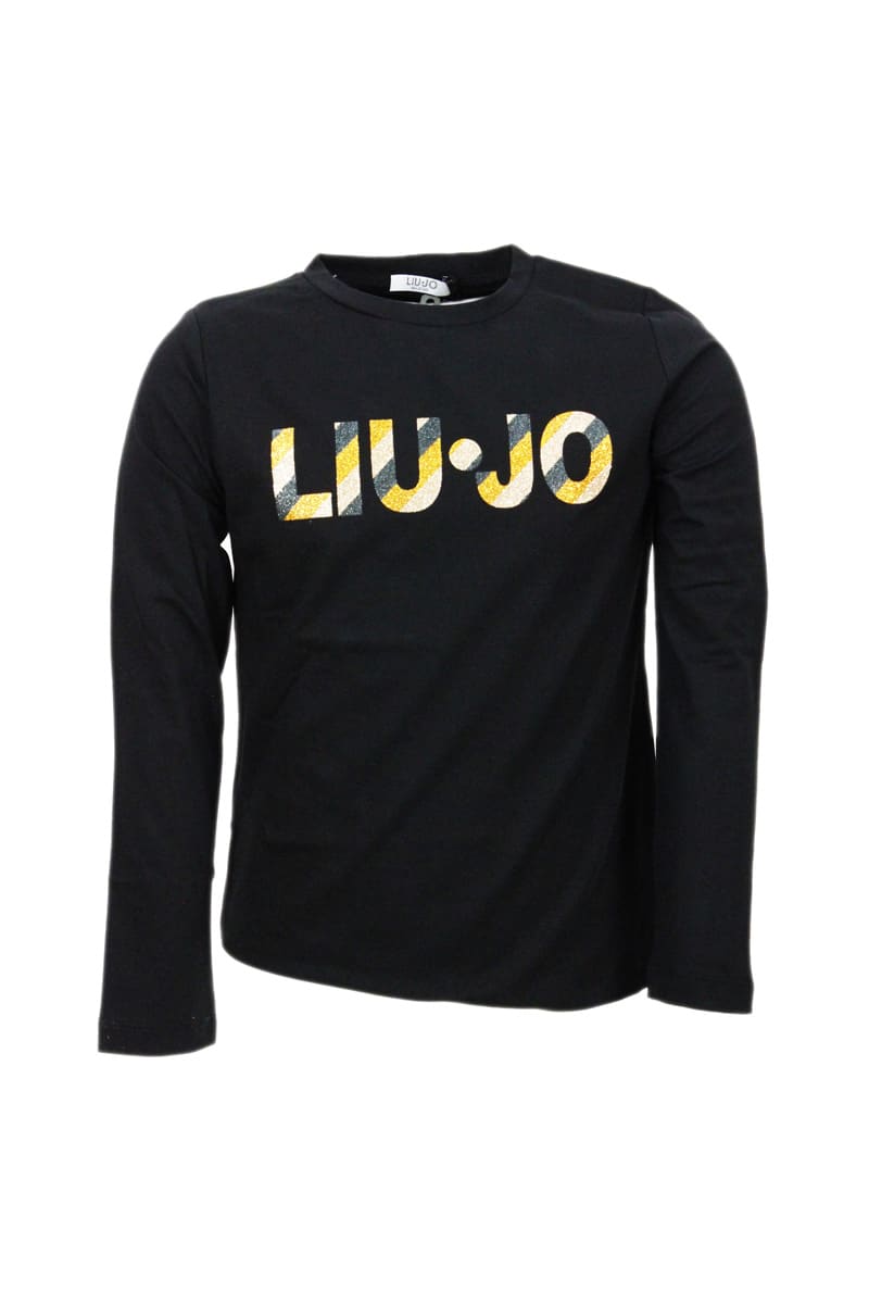 Liu-Jo Long-sleeved Cotton T-shirt With Lurex Logo Print