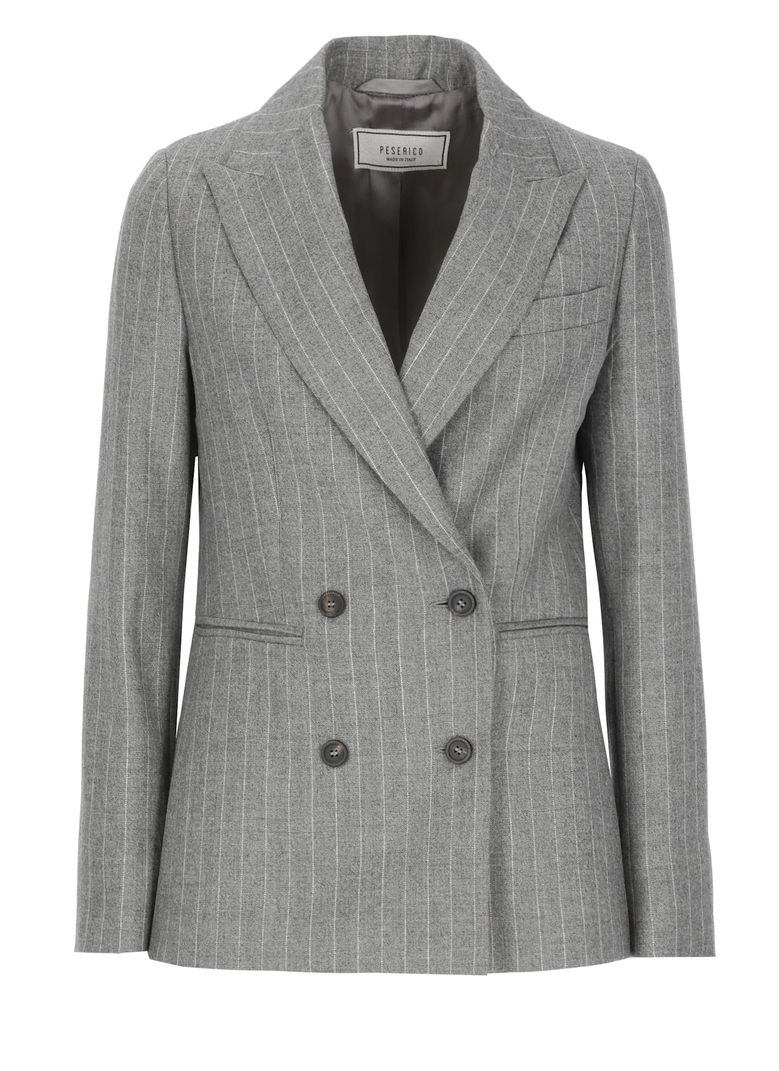 Peserico Double Breasted Pinstriped Wool Blazer In Gray