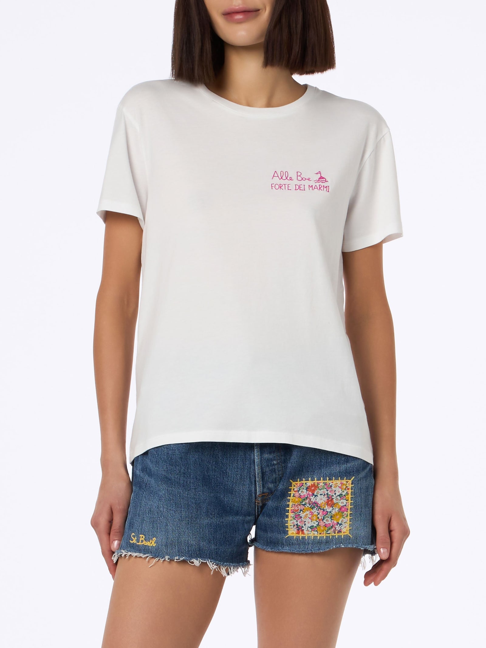 Mc2 Saint Barth Woman Cotton Jersey Crewneck T-shirt Emilie With Baciami Alle Boe Print Alle Boe Special Edition In White