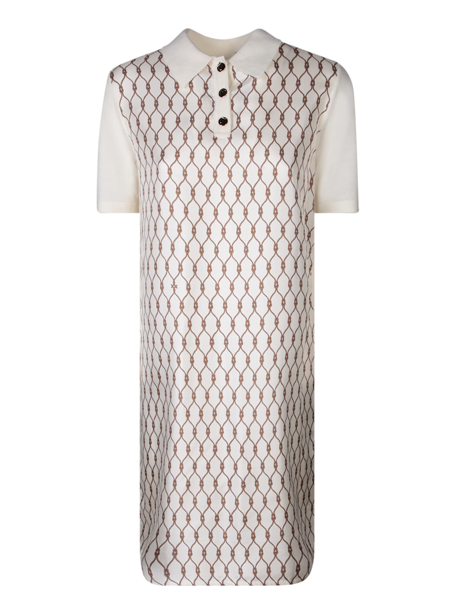 Tory Burch Short Sleeves Ivory/brown Polo Shirt Dress In White