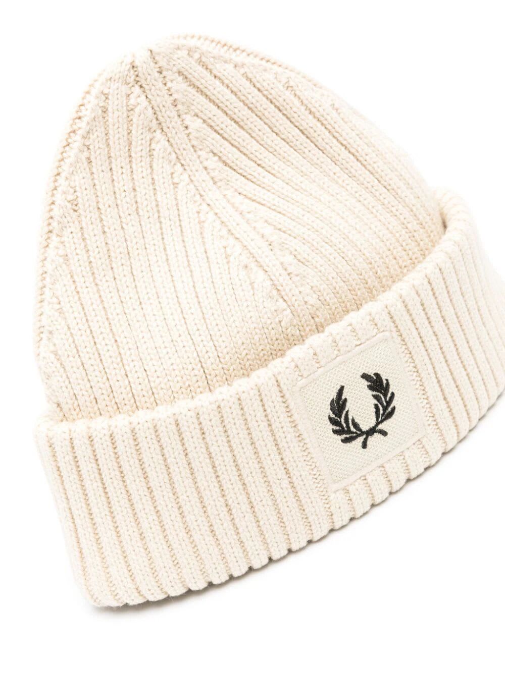 Shop Fred Perry Fp Patch Brand Chunky Rib Beanie In Oatmeal Black