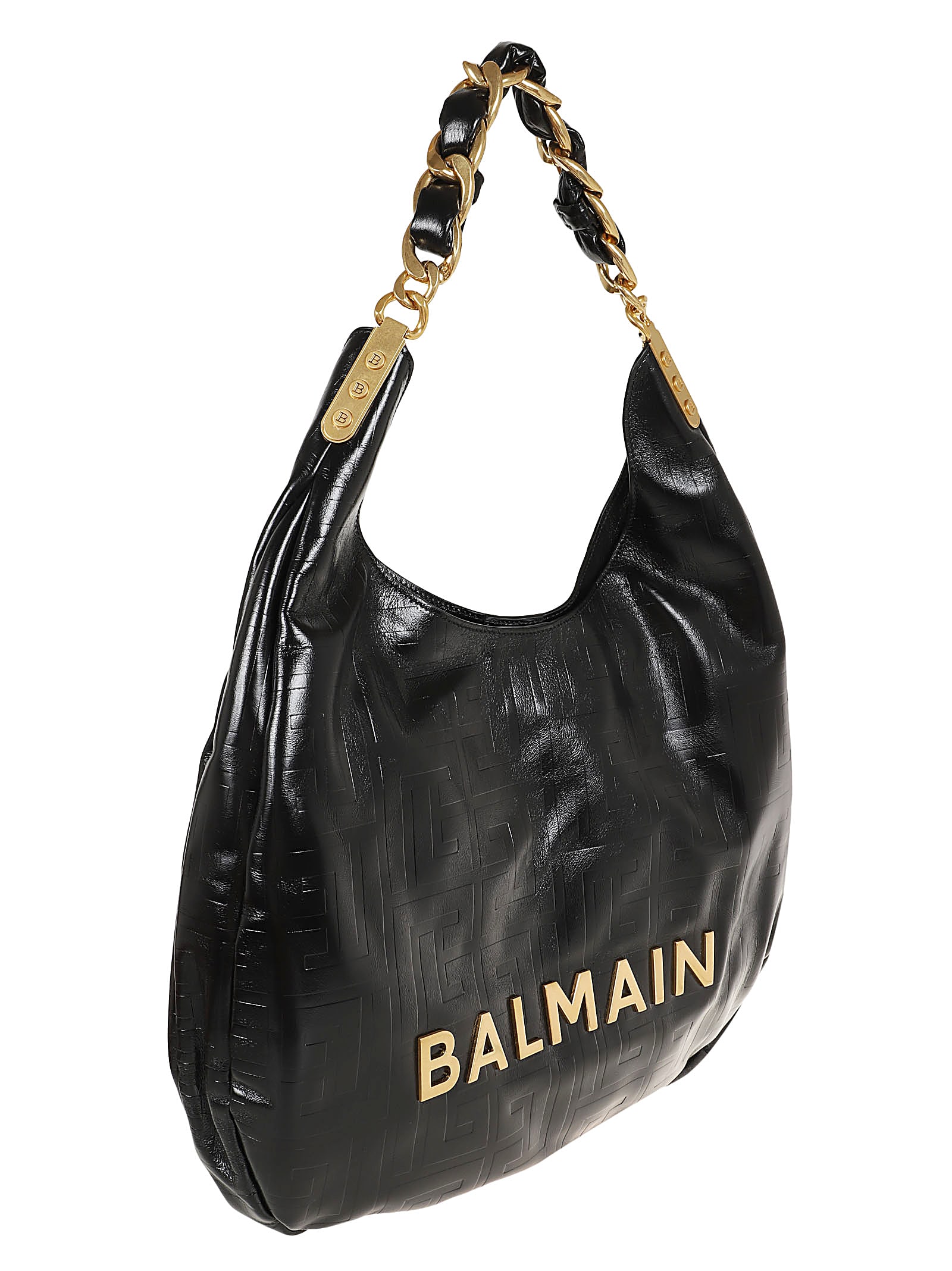 Shop Balmain 1945 Soft Hobo Cabas-emb Crin Calf Mng In Pa Noir