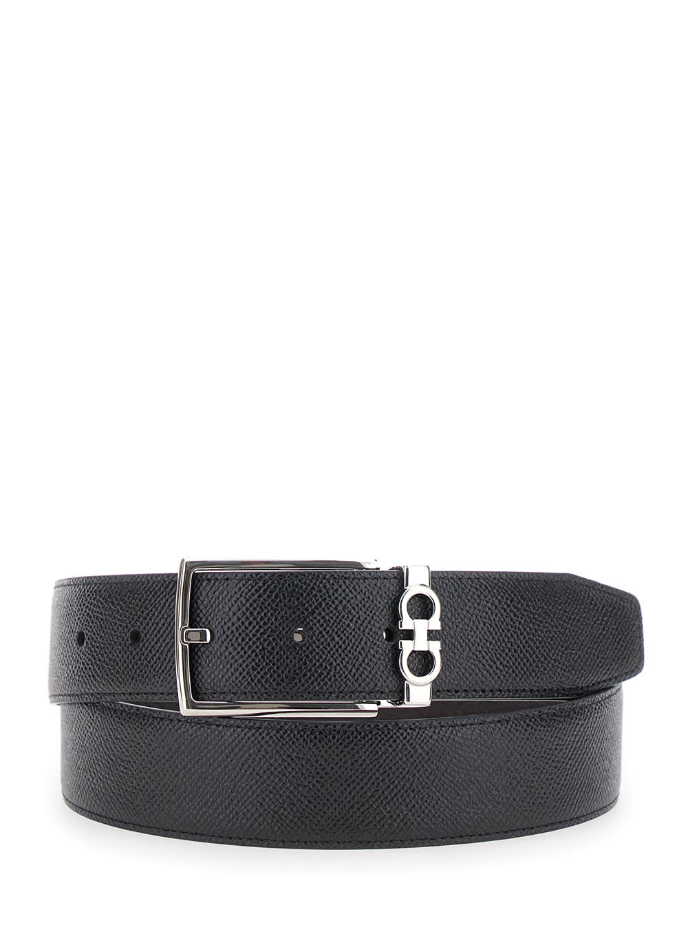 Ferragamo Black Reversible Belt With Gancini Buckle Belt In Grained Leather Man