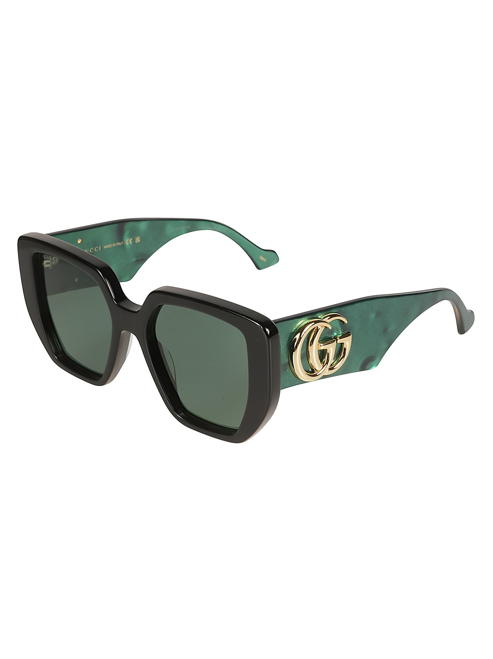 Shop Gucci Double Gg Plaque Square Frame Sunglasses In Black/green