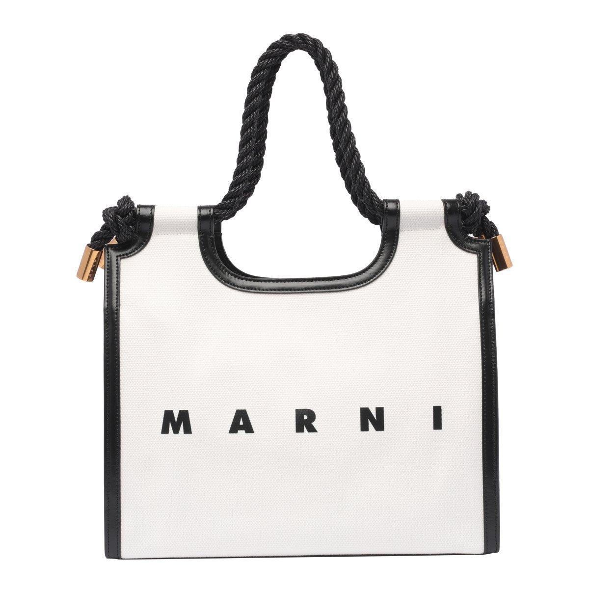 Marni Marcel Logo Printed Tote Bag In Bianco/nero