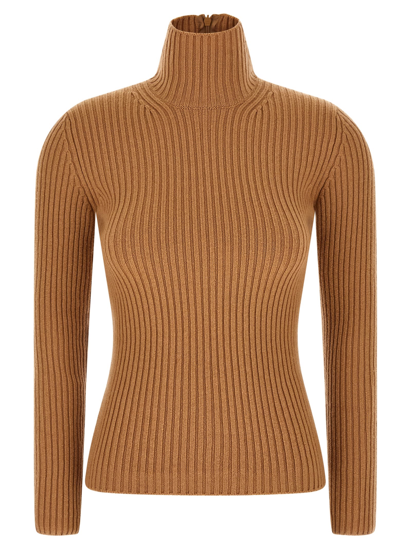 Max Mara Turtleneck Sweater Ribbed Texture In Brown