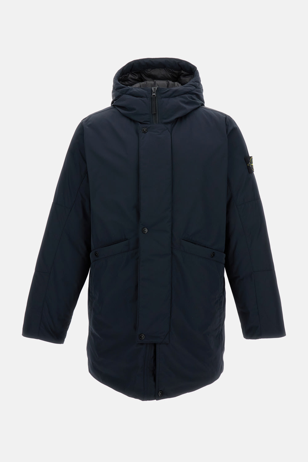 Stone Island Black Hooded Coat With Relaxed Silhouette In Blue