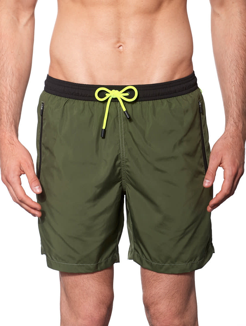 Mc2 Saint Barth Military Green Light Fabric Zipped Swim Shorts In Green