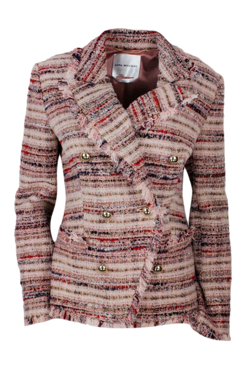 Anna Molinari Double-breasted Jacket In Bouclé Knit In Mixed Yarn With Fringed Profiles And Jewel Buttons