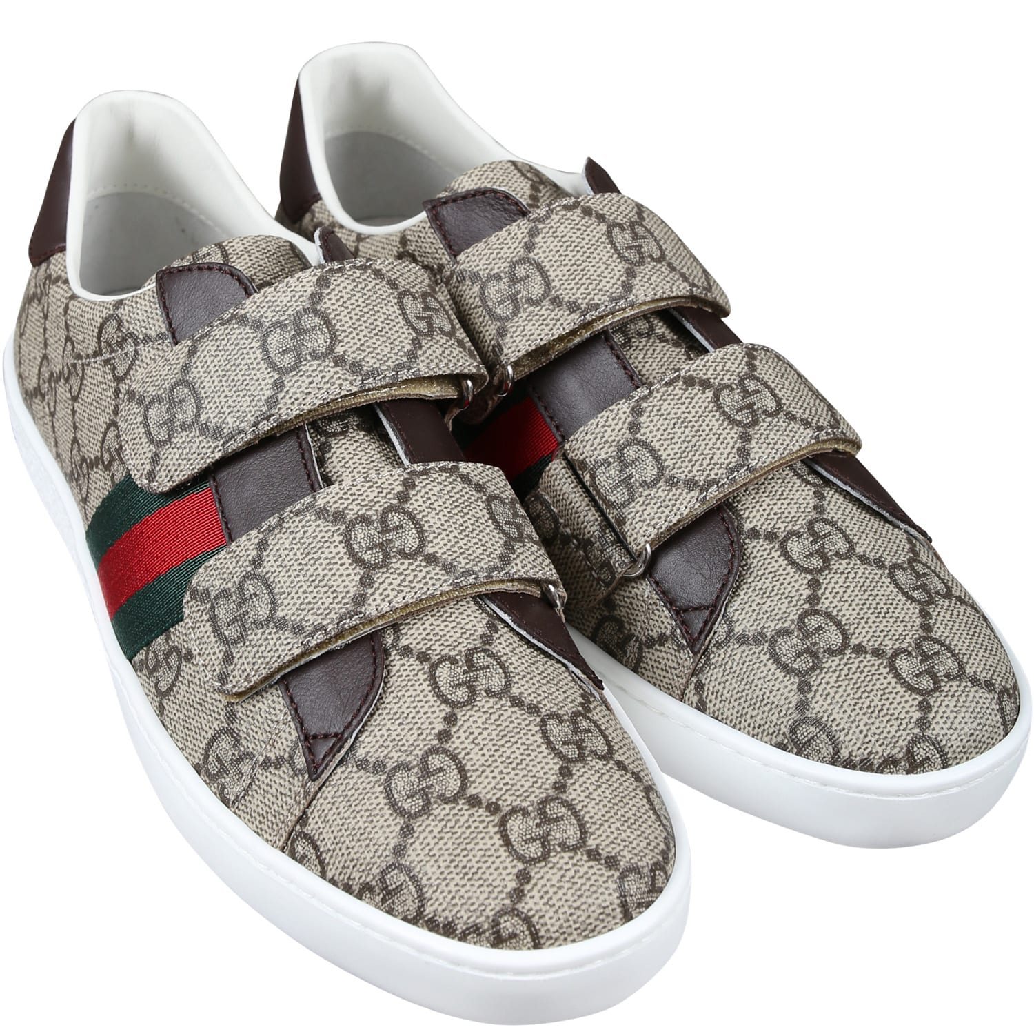 Gucci Blue Sneakers For Kids With All-over Gg Logo In Brown