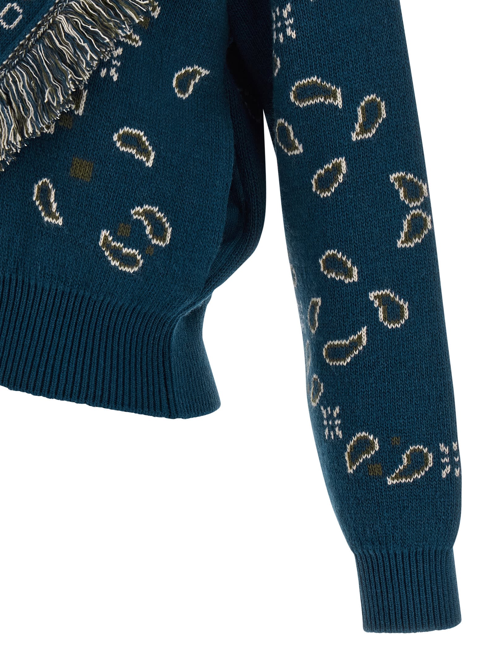 Alanui Thistle Fringe Patterned Bomber Knitwear In Blue