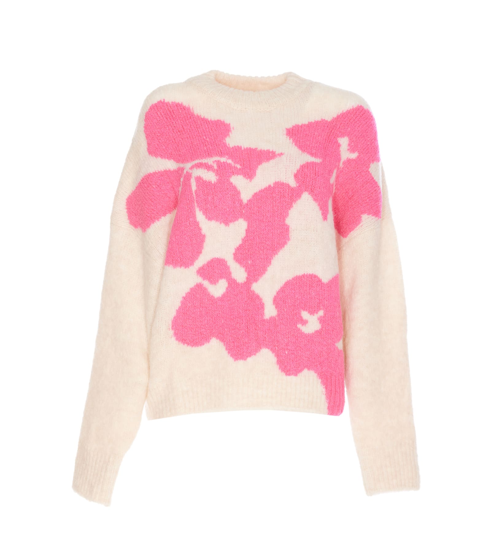 Shop Essentiel Antwerp Ecru And Neon Pink Floral Intarsia-knitted Sweater