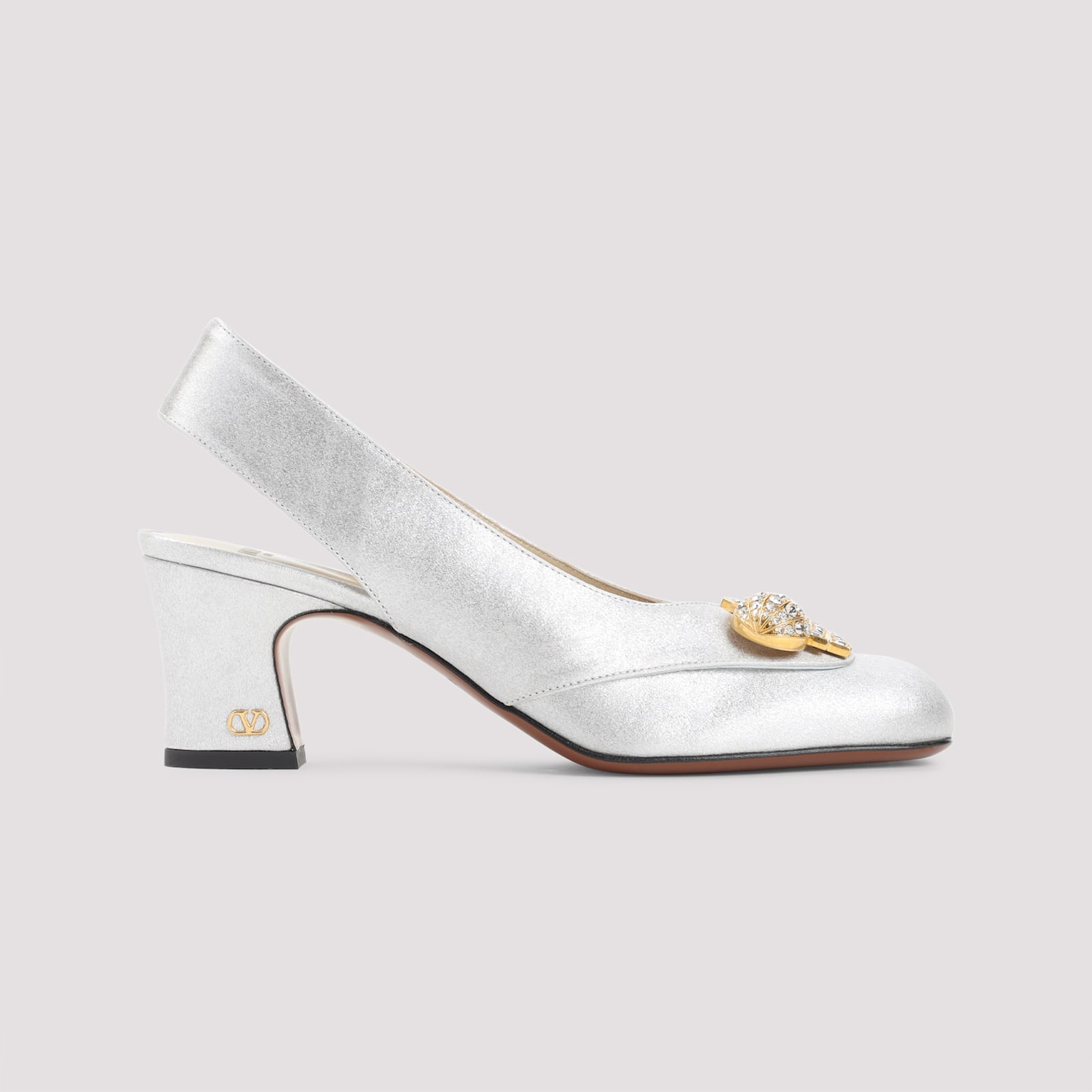 Valentino Block Heel Embellished Slingback Square Toe Pumps In Silver