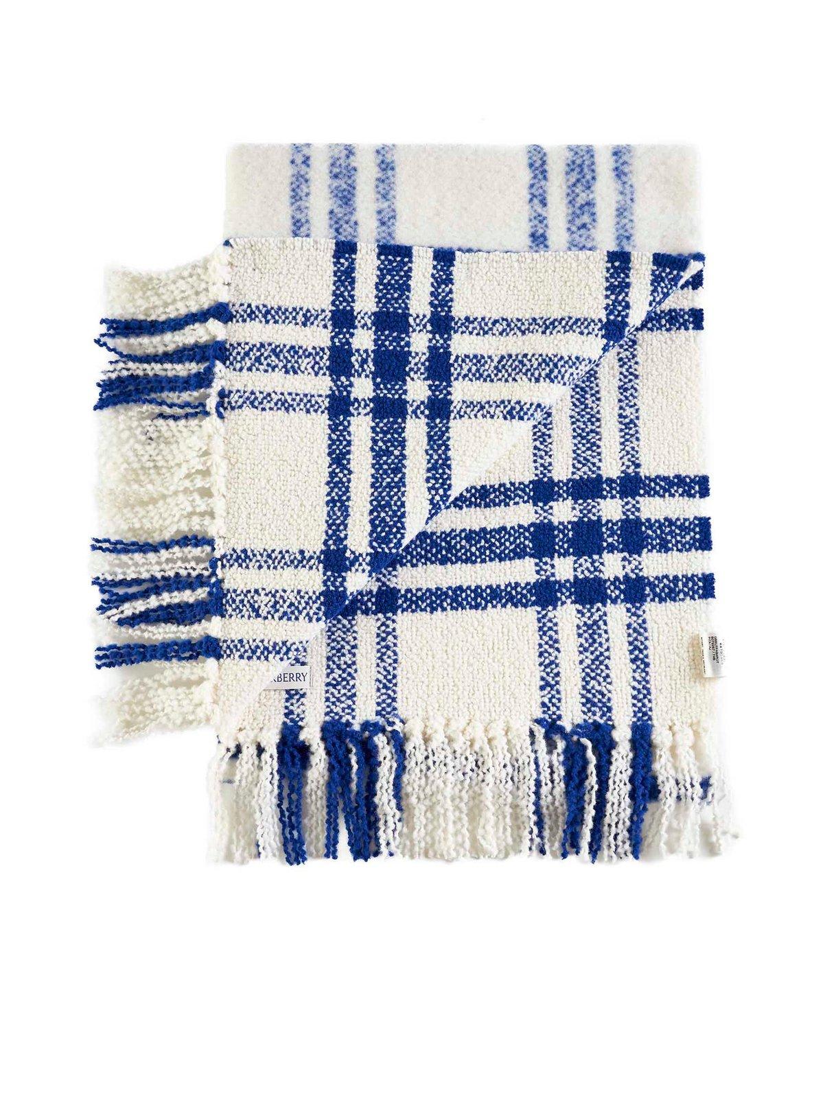 Shop Burberry Logo Patch Checked Frienged-edge Scarf In Knight