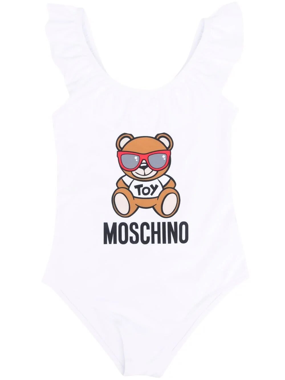 Moschino Kids White One-piece Swimsuit With Logo And Teddy Bear With Sunglasses